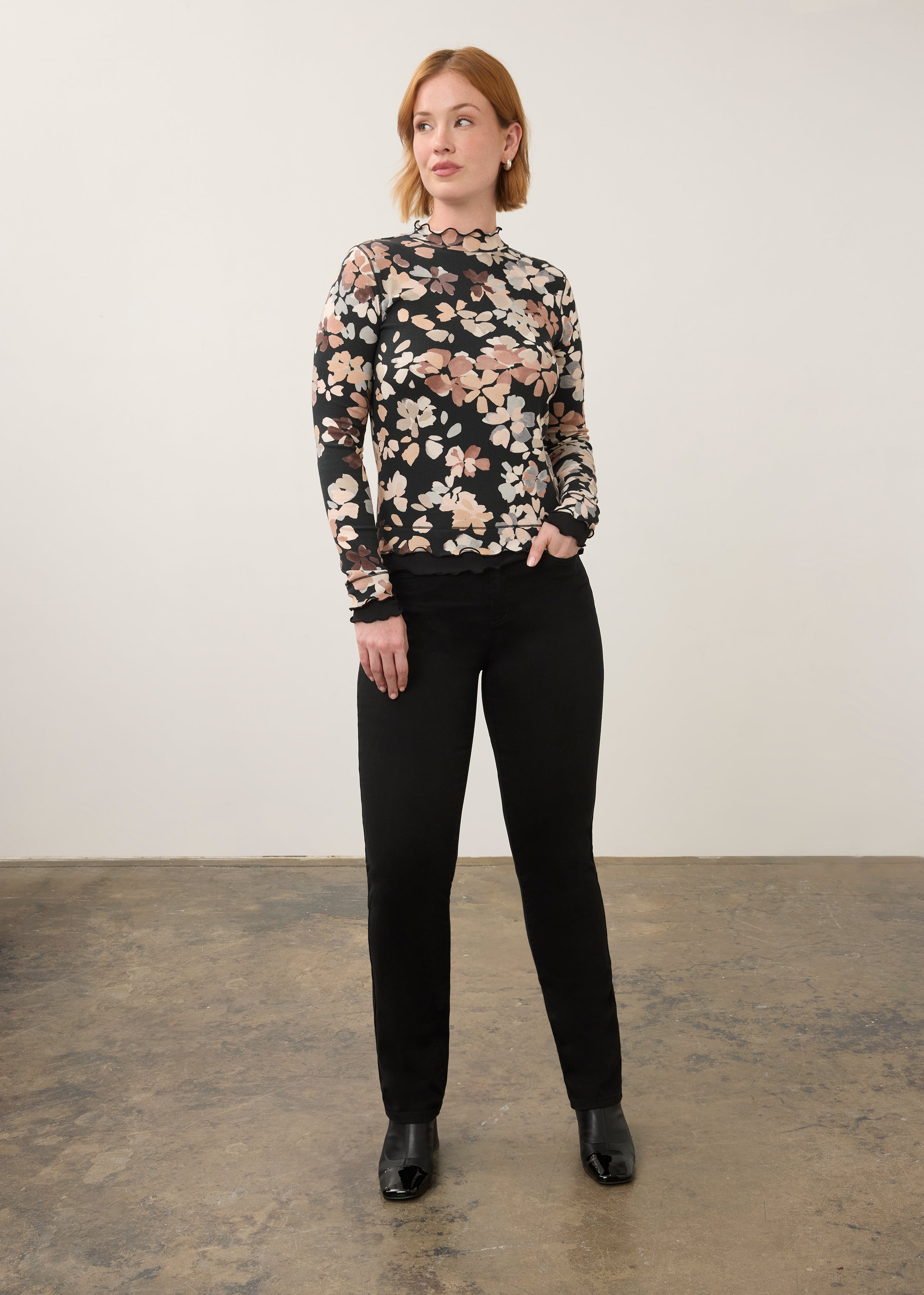 Full body shot of black straight ankle denim styled with floral blouse by French Dressing Jeans (FDJ) par French Dressing Jeans (FDJ)
