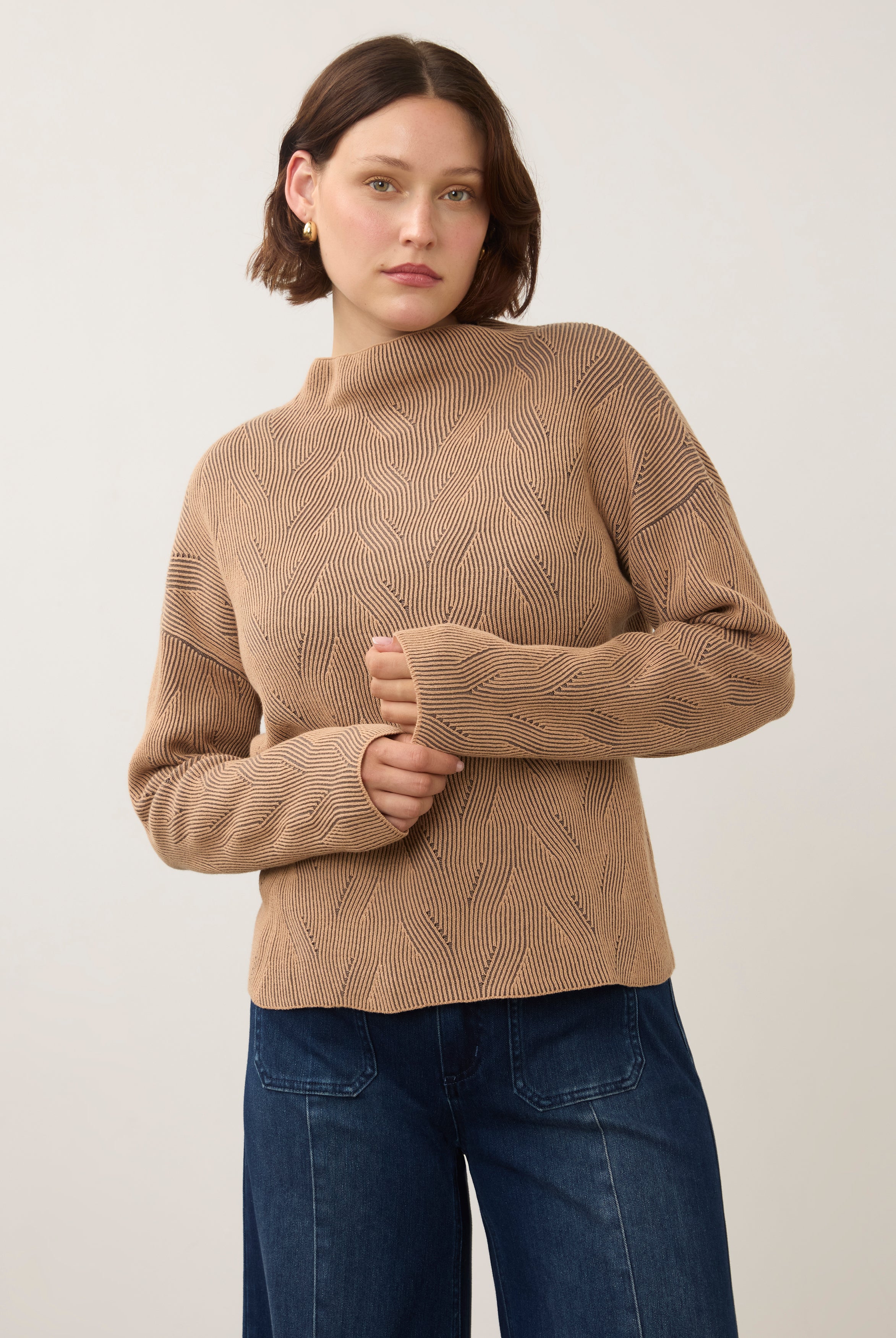 Front view of tan long sleeve top with patterned texture by French Dressing Jeans (FDJ)