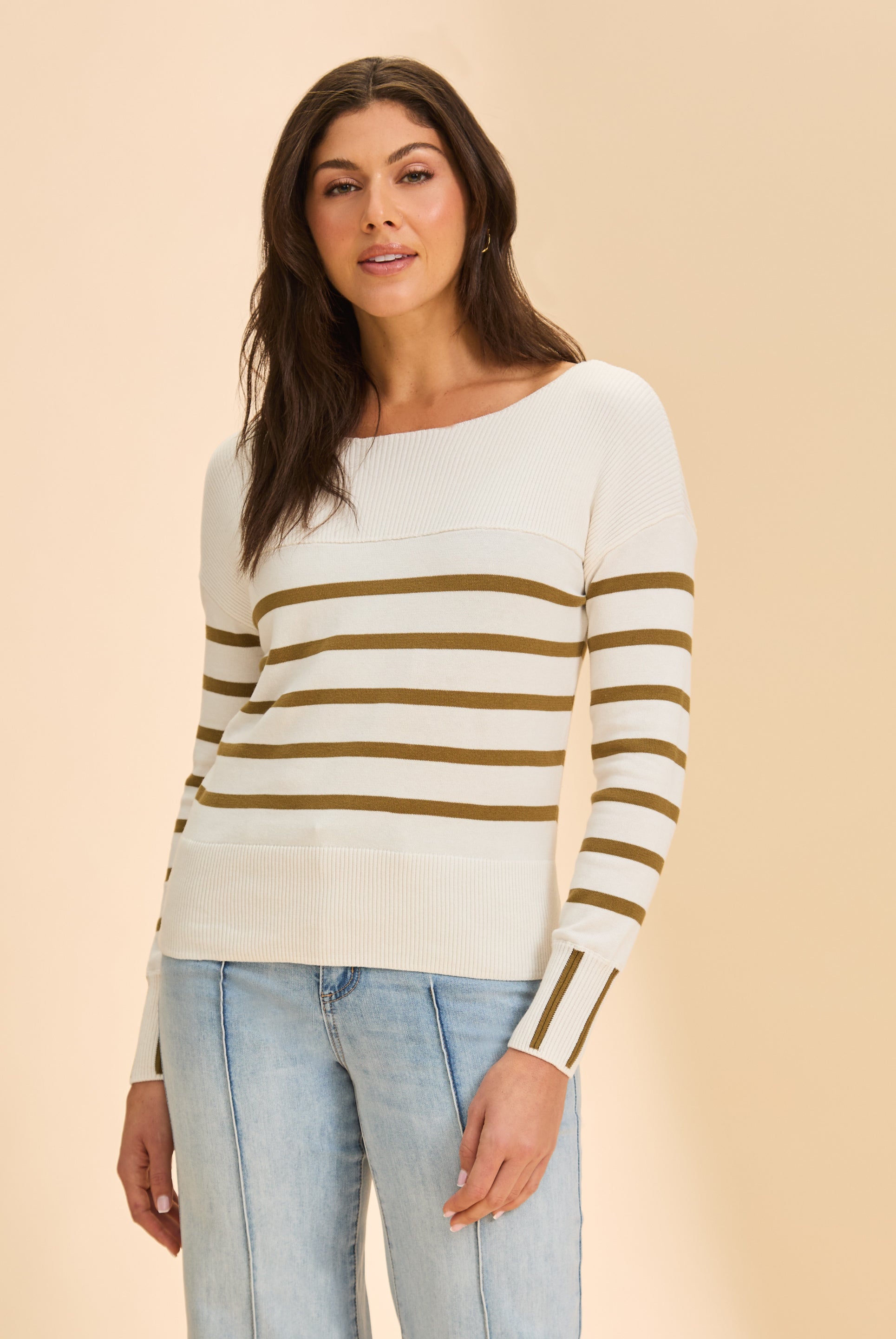 Front view of white/green stripe sweater featuring boat neck and long sleeves by French Dressing Jeans (FDJ)