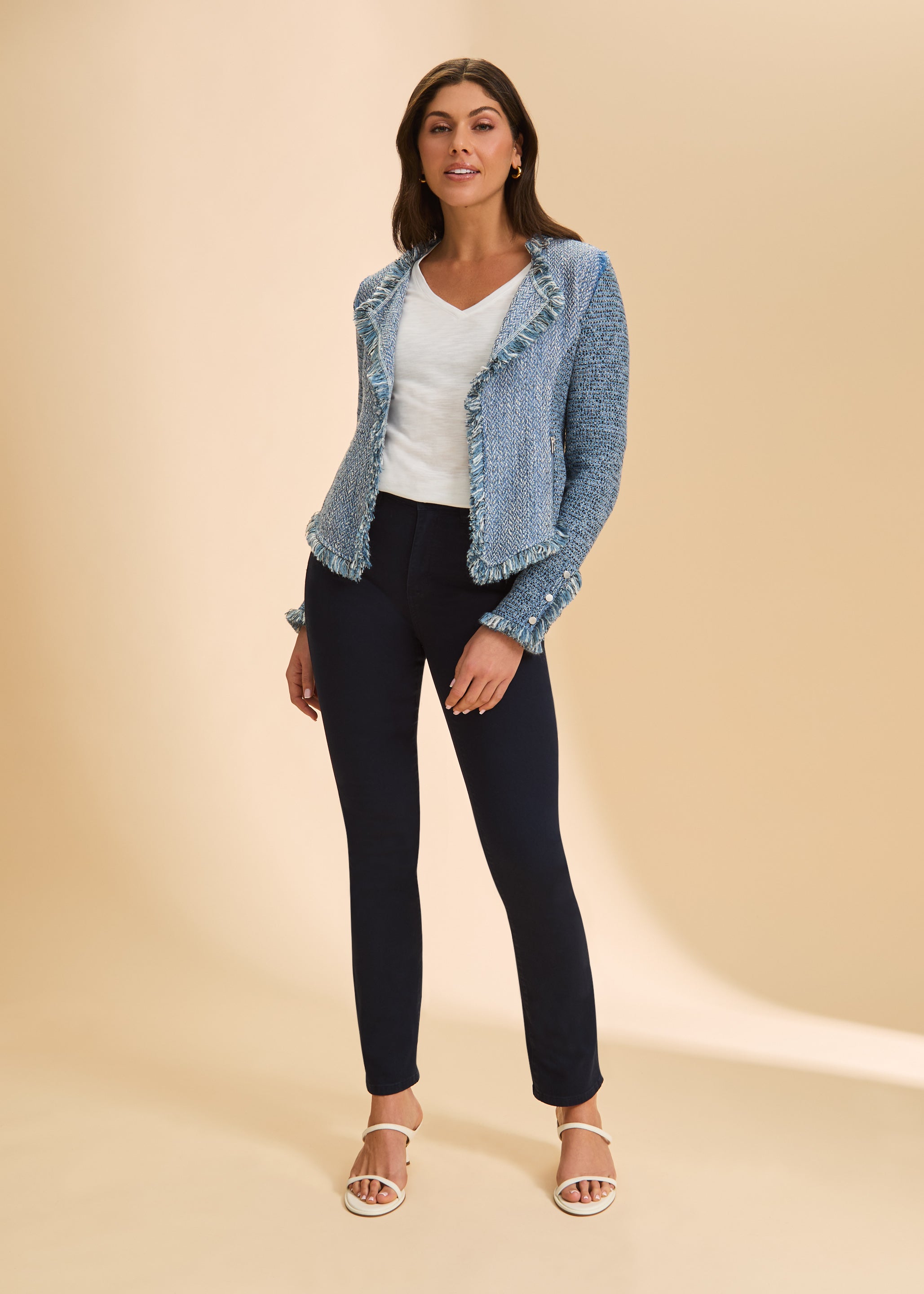 Full body view of tweed jacket paired with black pants and heels by French Dressing Jeans (FDJ)