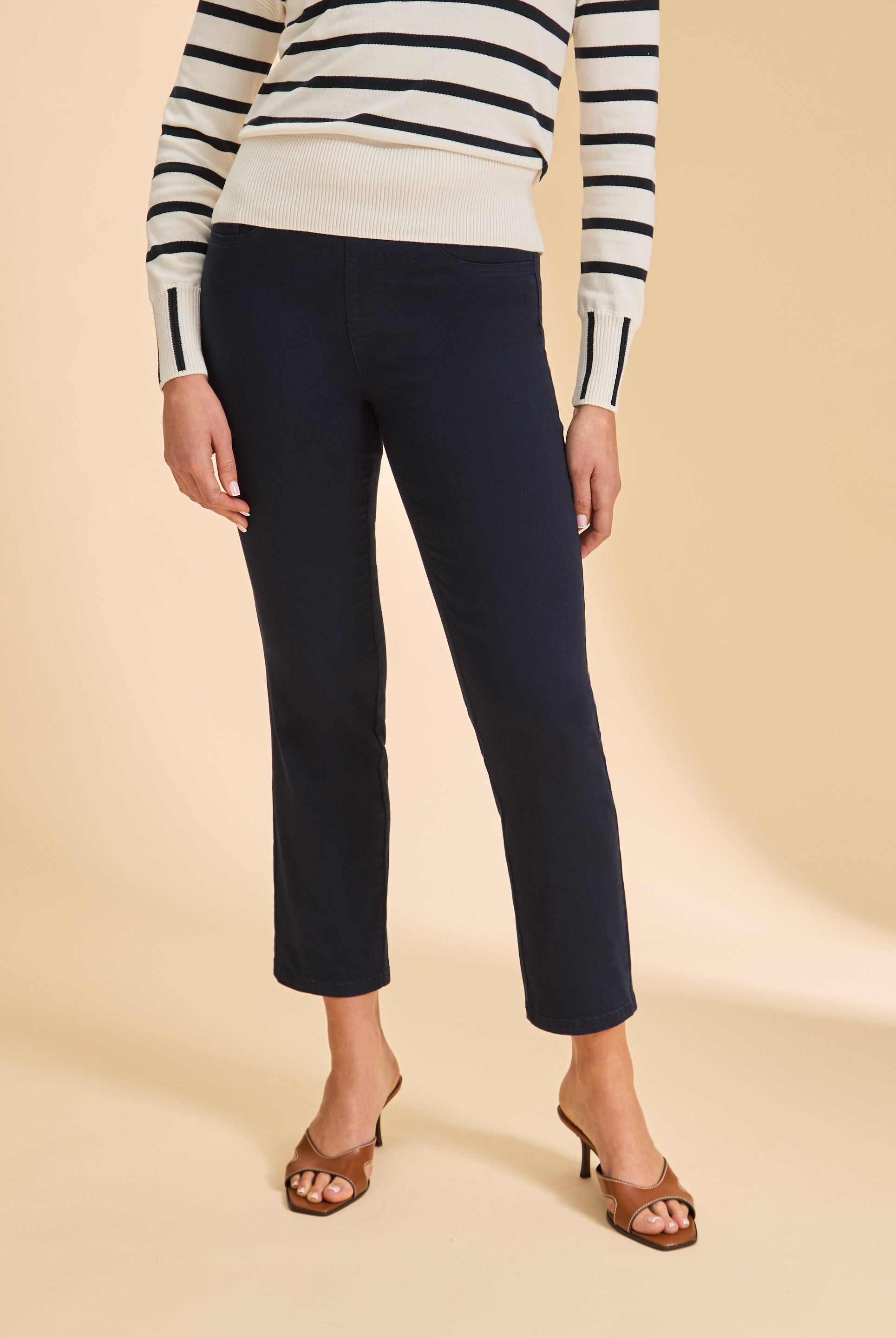 Close-up front view of navy cropped jeans, featuring slim fit by French Dressing Jeans (FDJ)