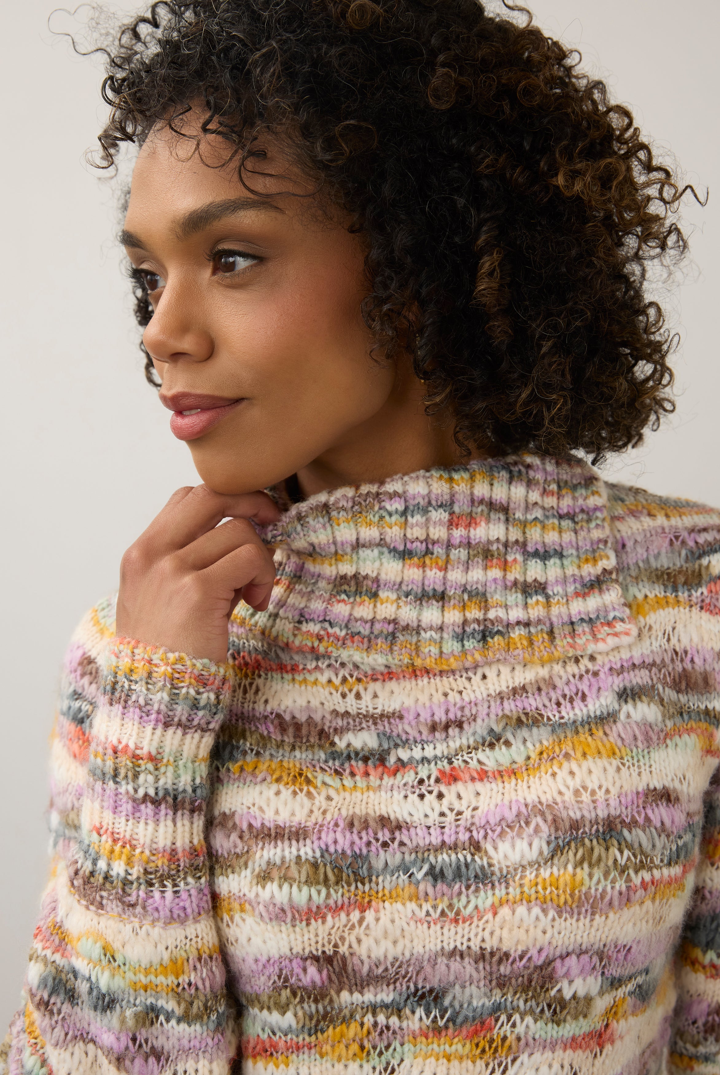 Close-up of pastel cowl neck sweater highlighting the ribbed neckline by French Dressing Jeans (FDJ)