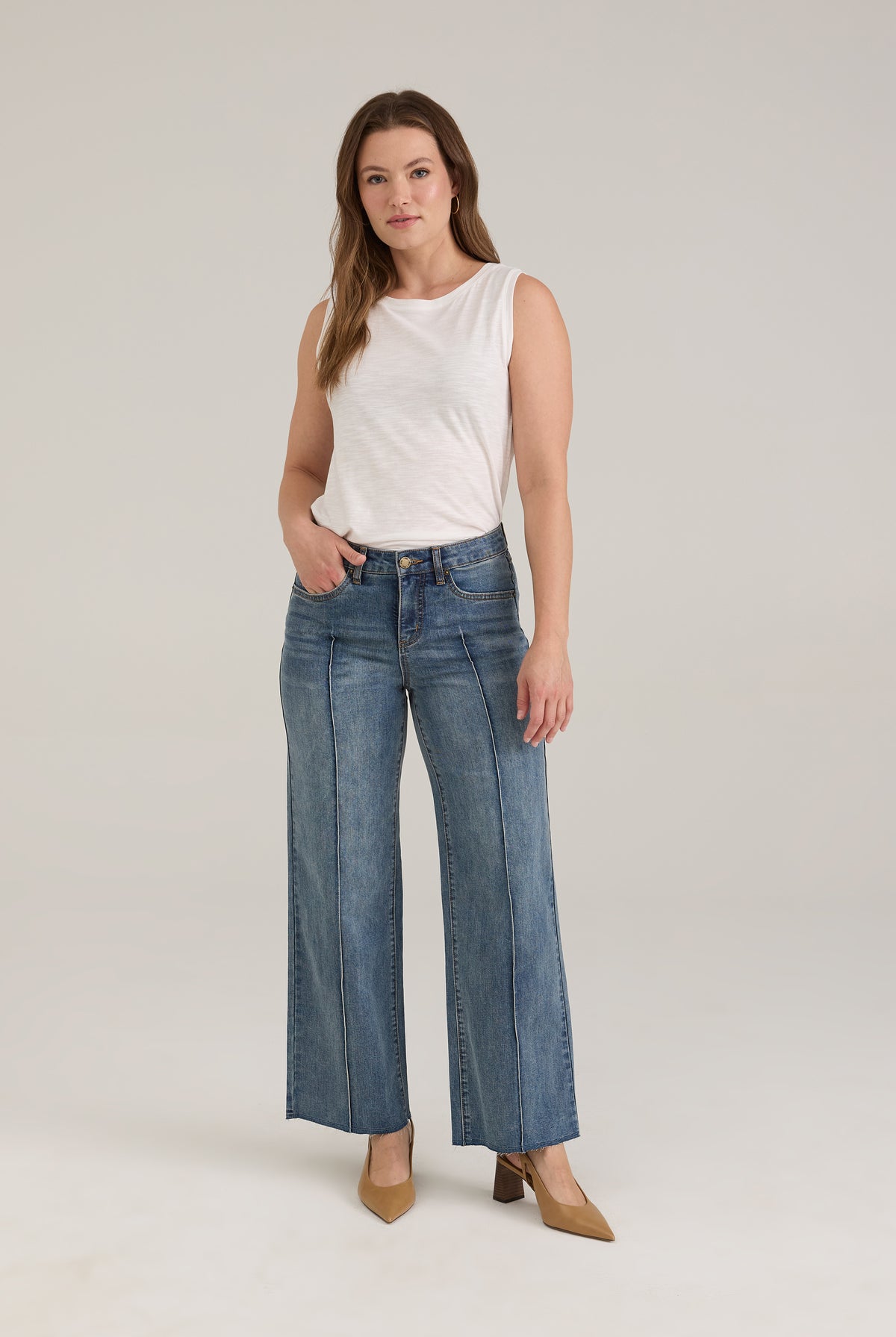 Full front view of Olivia wide ankle denim in light wash with mid-rise and statement fit by French Dressing Jeans (FDJ)