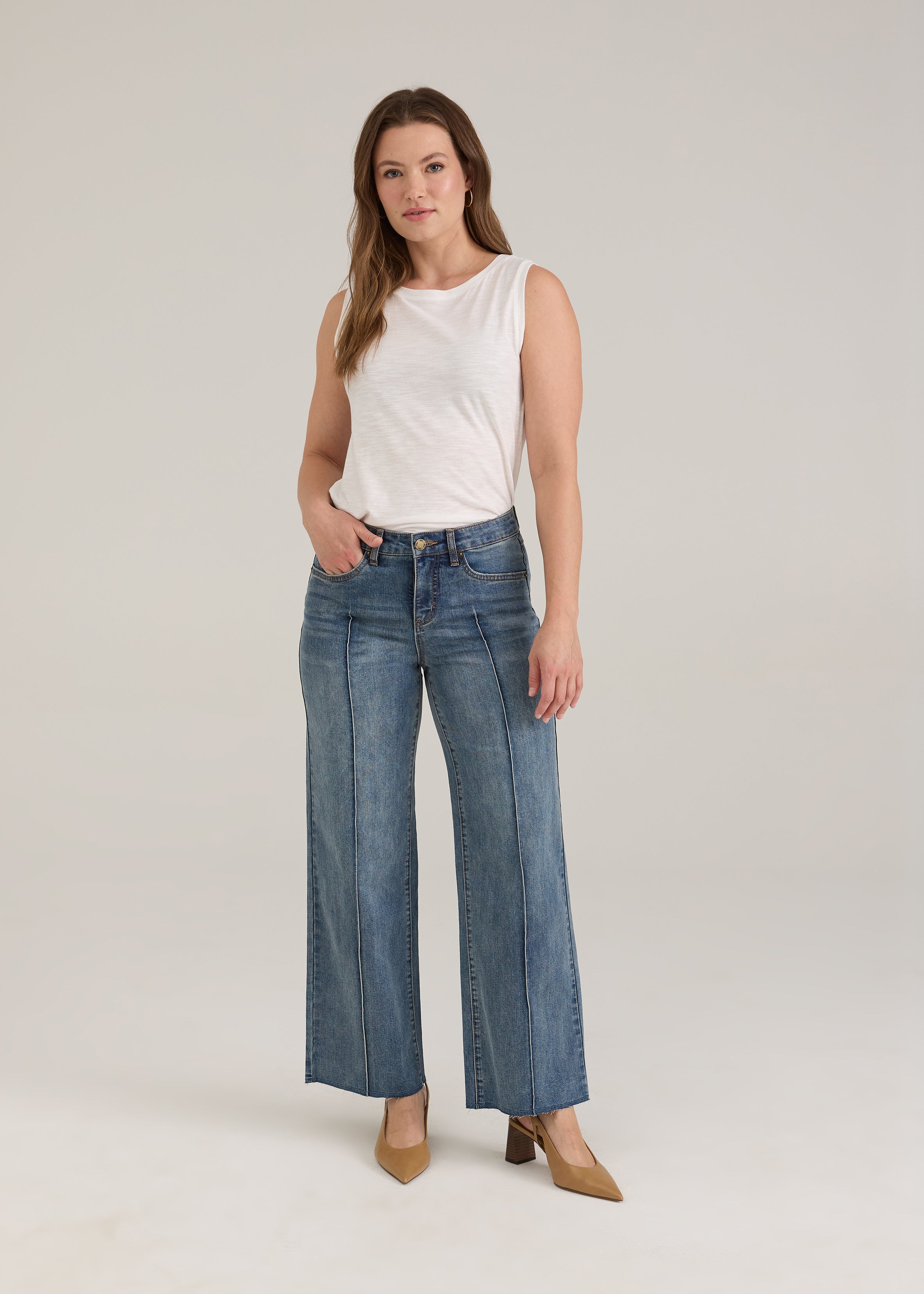 Full front view of Olivia wide ankle denim in light wash with mid-rise and statement fit by French Dressing Jeans (FDJ)