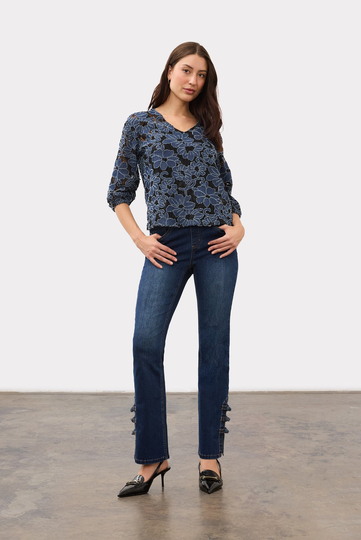 Full view of floral lace blouse styled with jeans for an elegant look by French Dressing Jeans (FDJ)