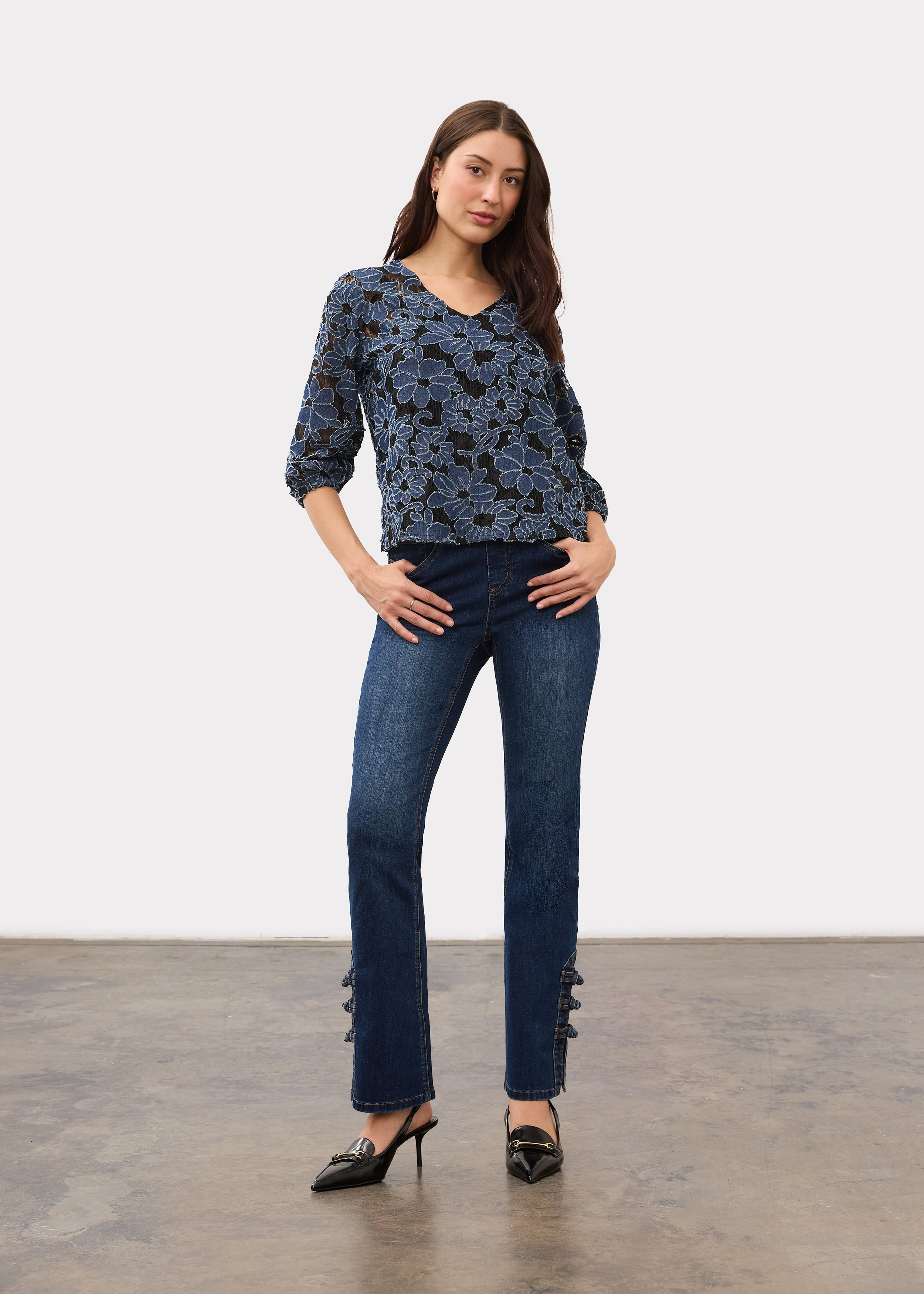 Full view of floral lace blouse styled with jeans for an elegant look by French Dressing Jeans (FDJ)