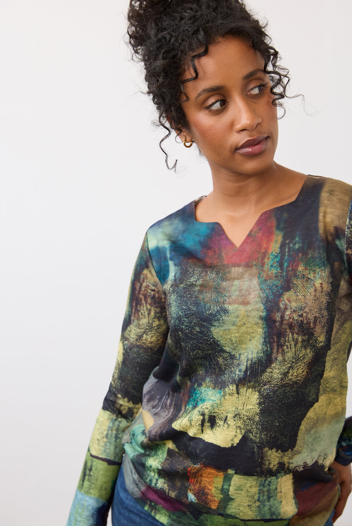 Close-up of multicolor long sleeve top highlighting abstract print and neckline by French Dressing Jeans (FDJ)