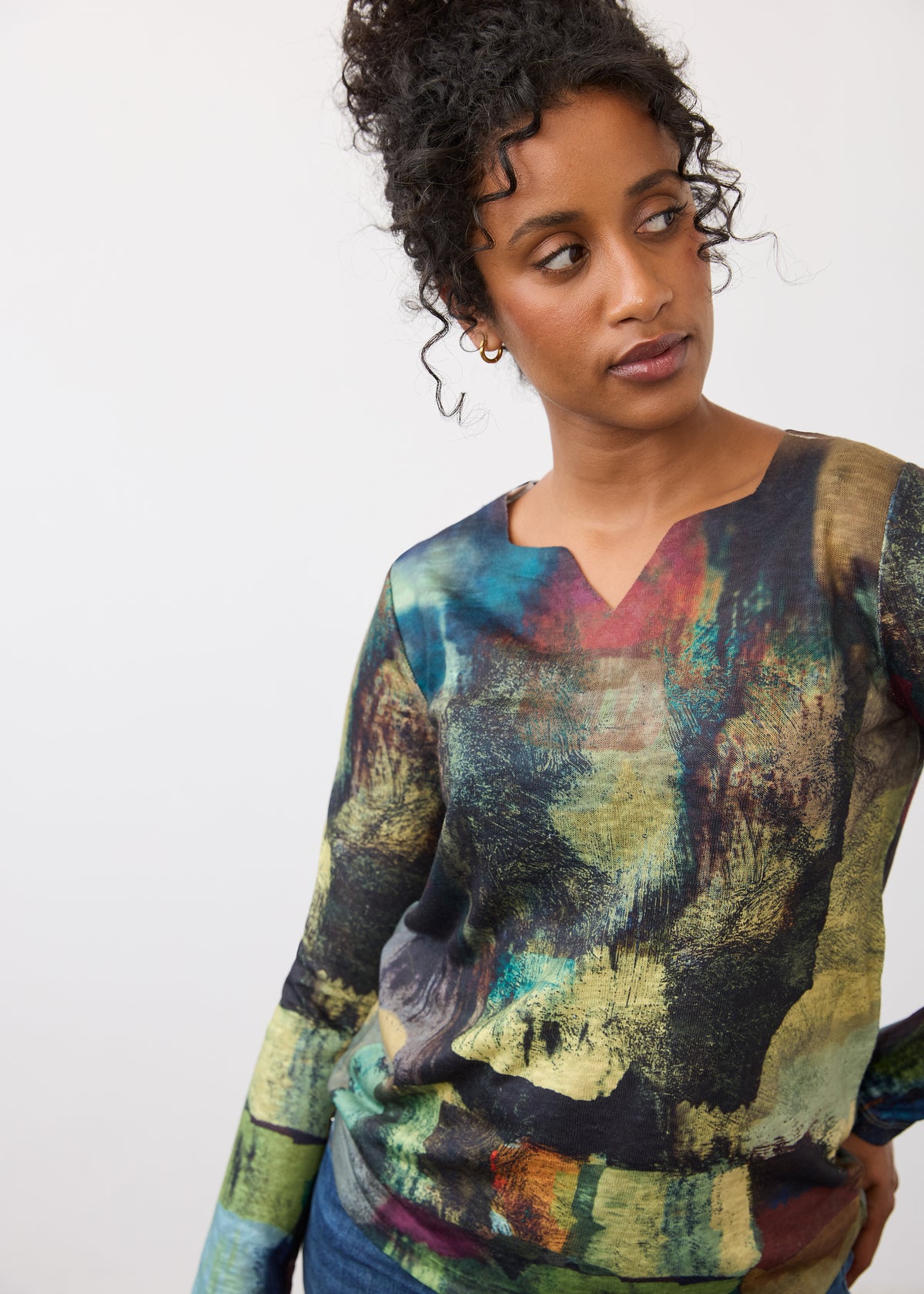Close-up of multicolor long sleeve top highlighting abstract print and neckline by French Dressing Jeans (FDJ)