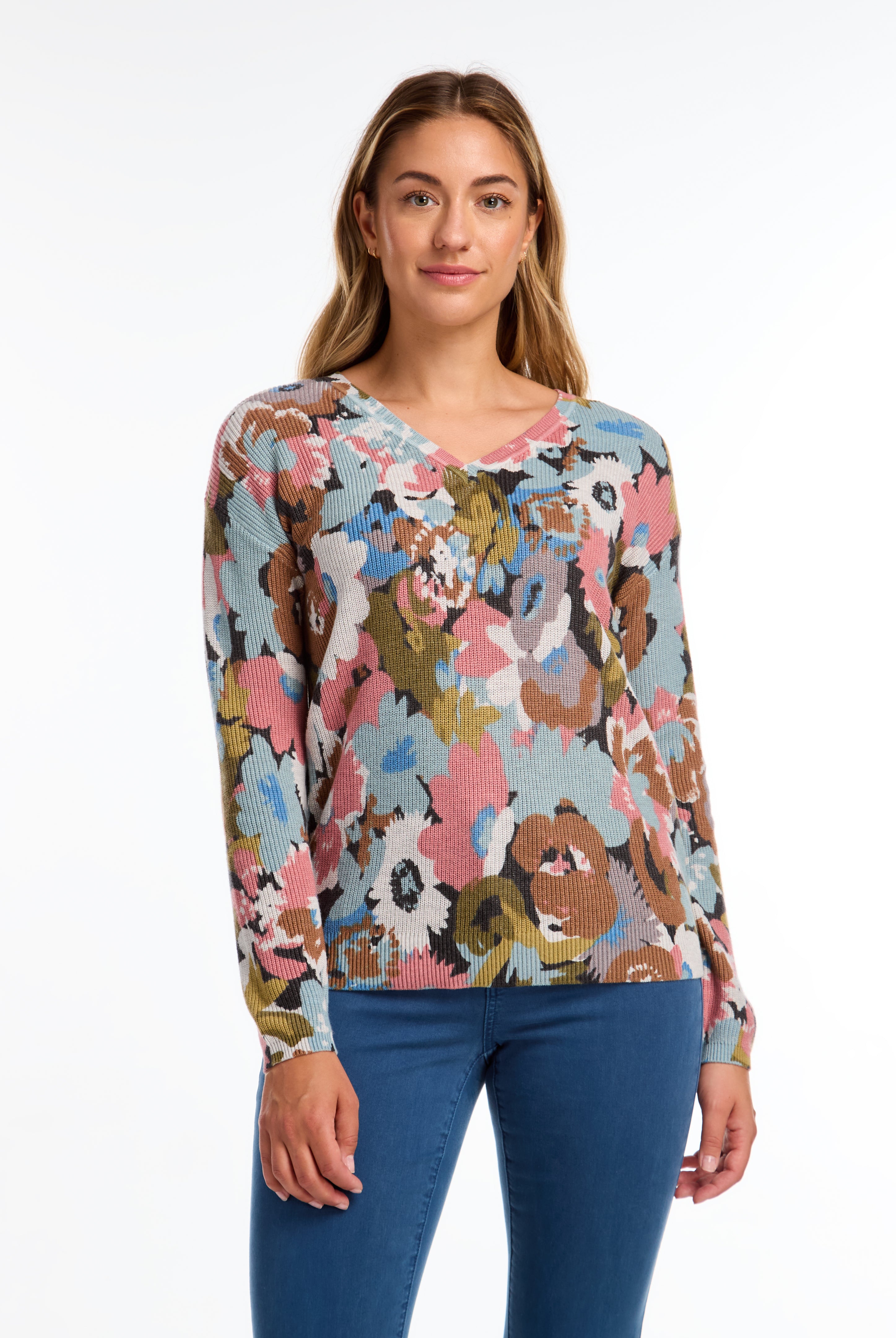 PRINTED V NECK SWEATER