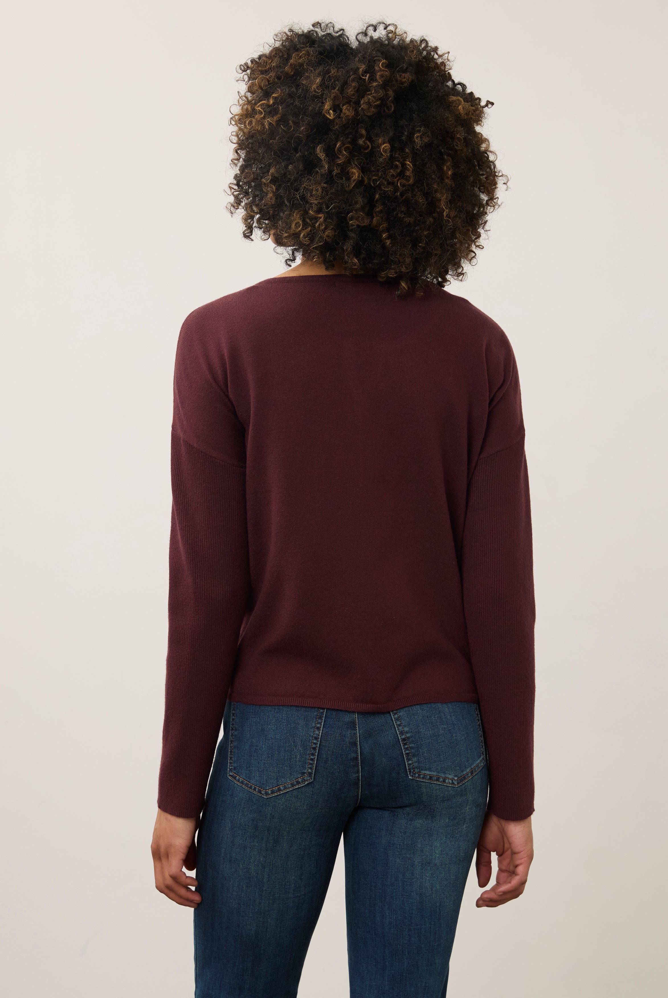 Back view of burgundy sweater showcasing smooth knit design by French Dressing Jeans (FDJ)