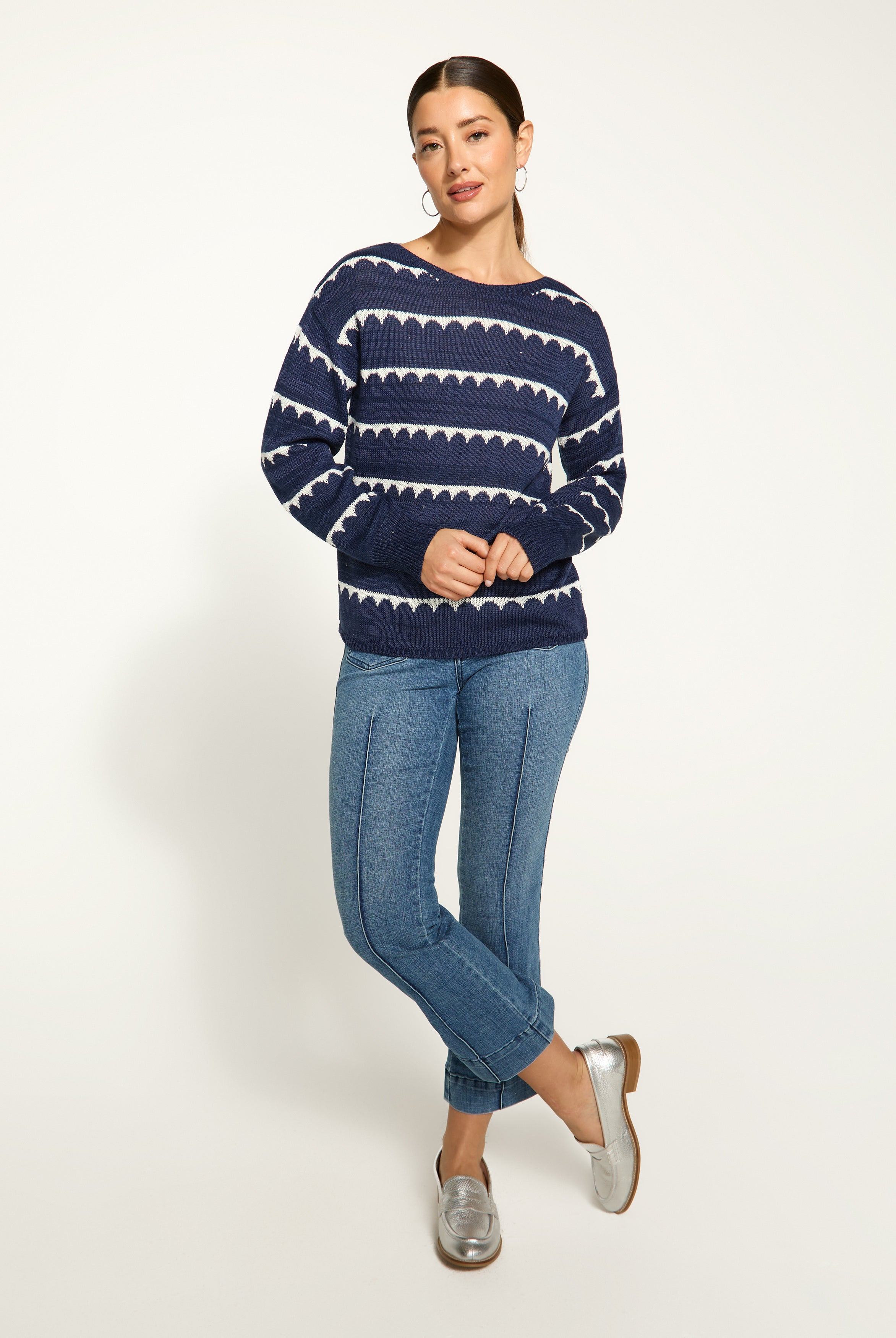 Boat neck scallop stripe sweater