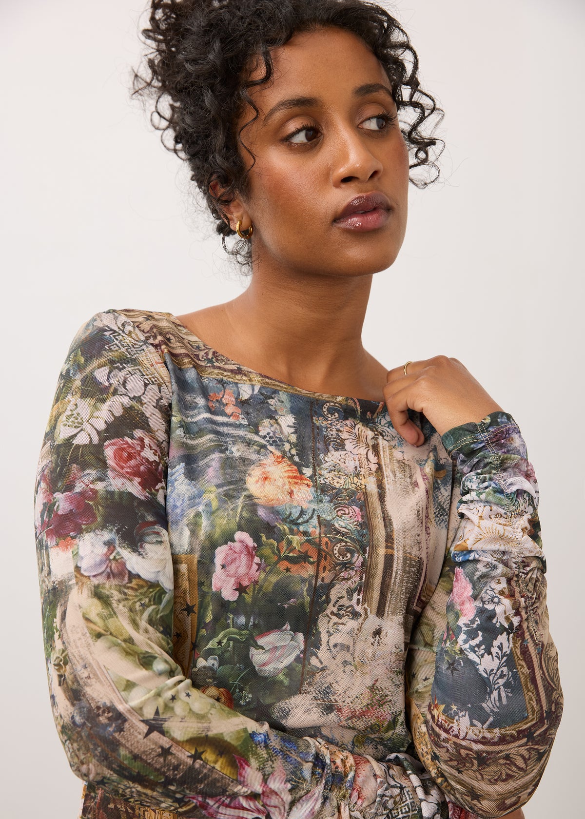 Close-up of floral print top showcasing intricate pattern and colors by French Dressing Jeans (FDJ)