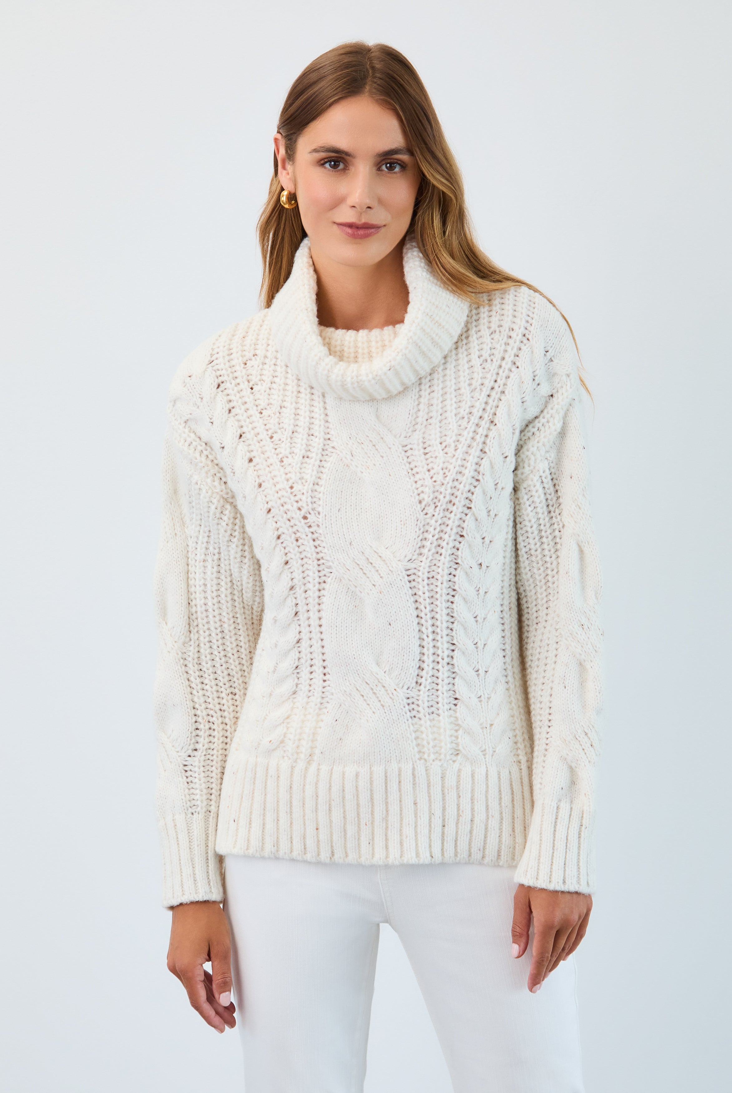 Cabled cowl neck sweater