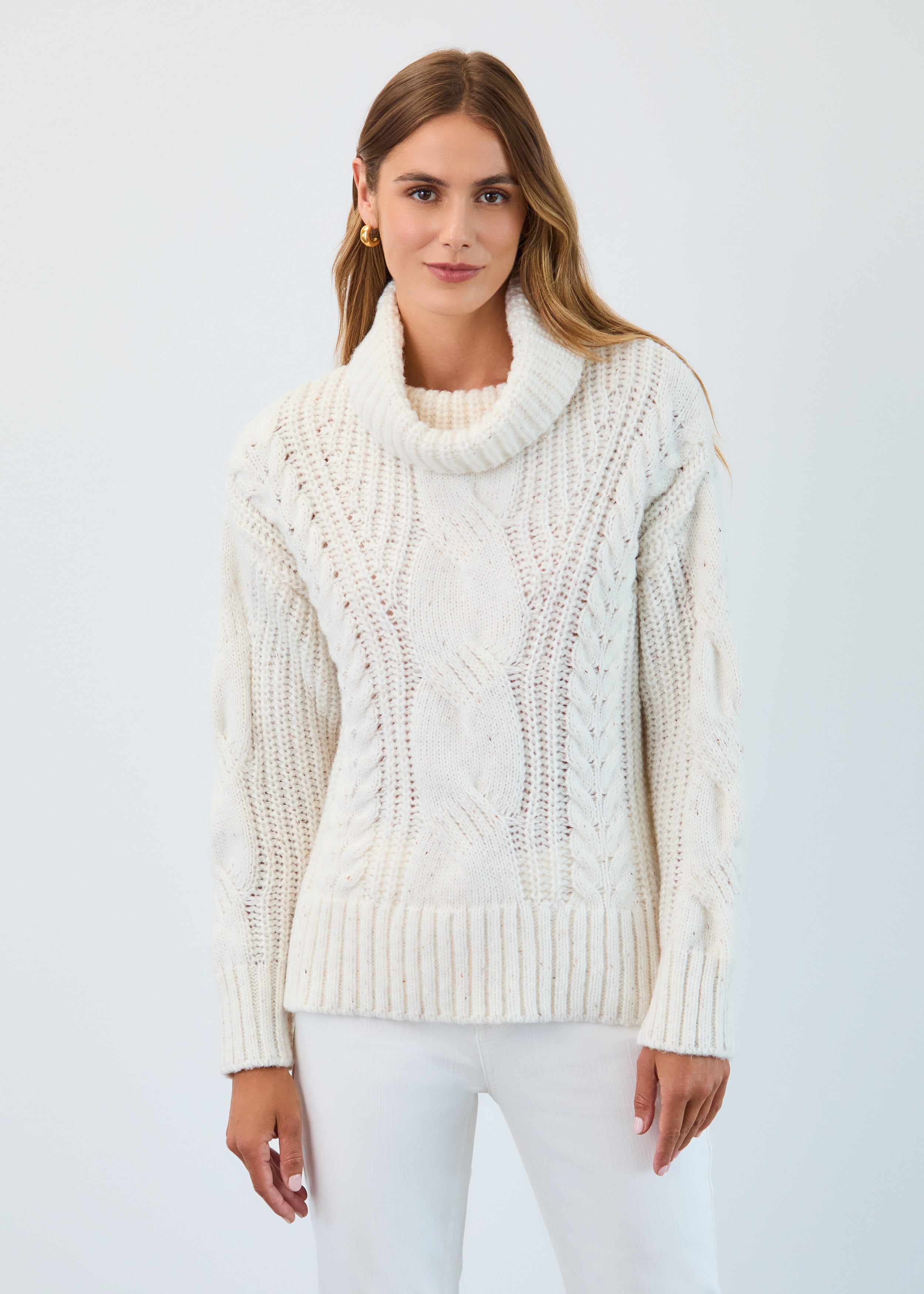 Cabled cowl neck sweater