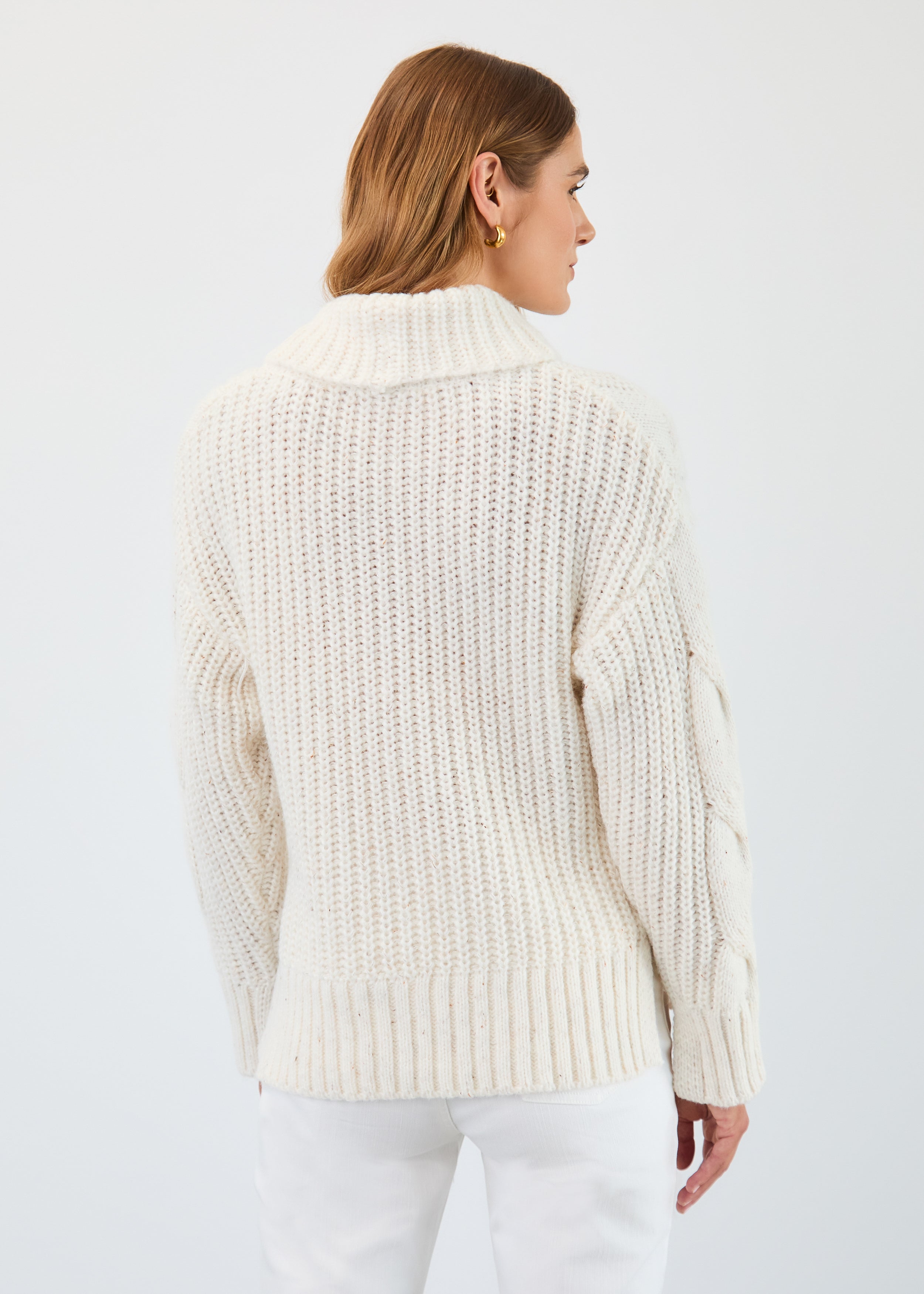 Cabled cowl neck sweater