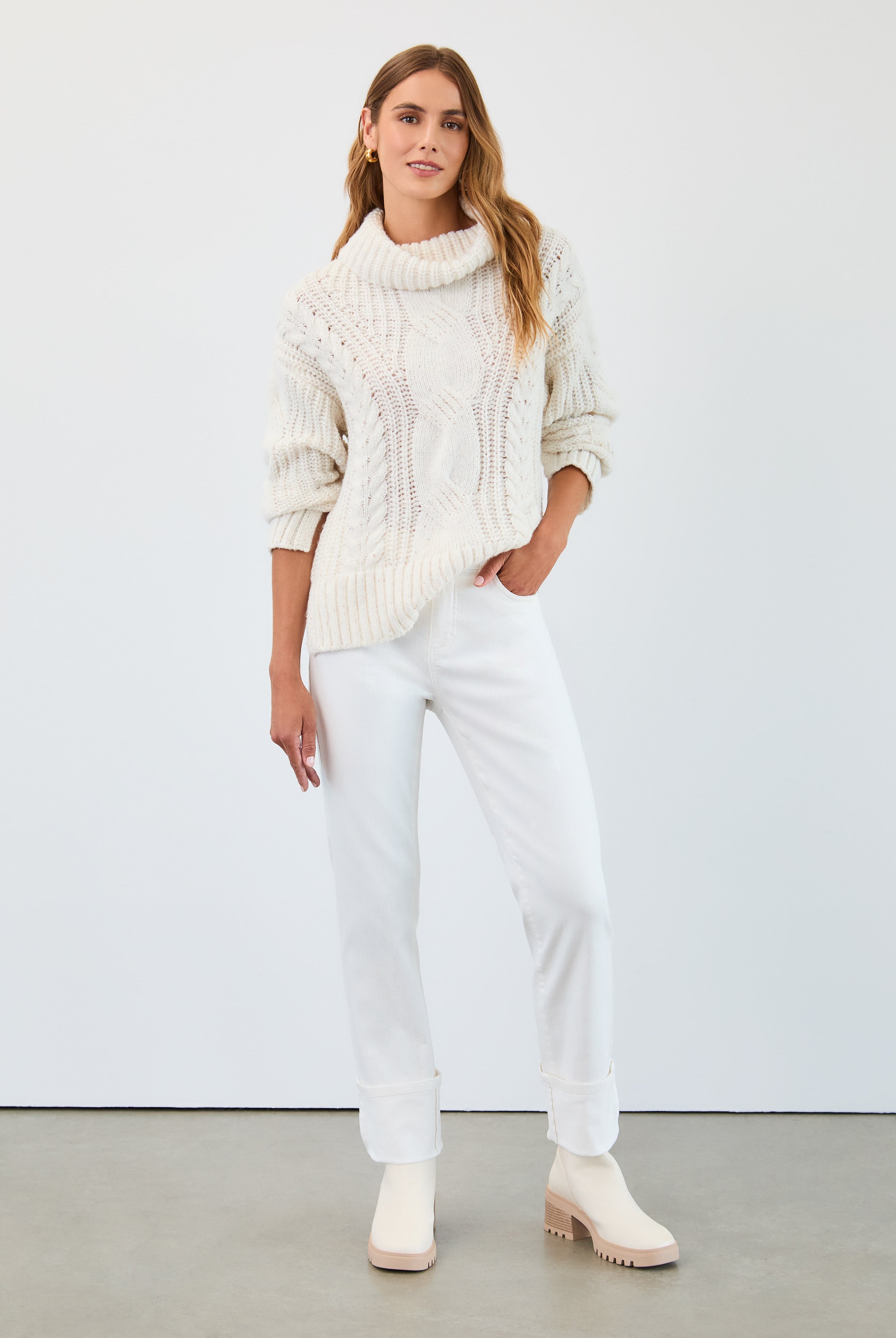 Cabled cowl neck sweater