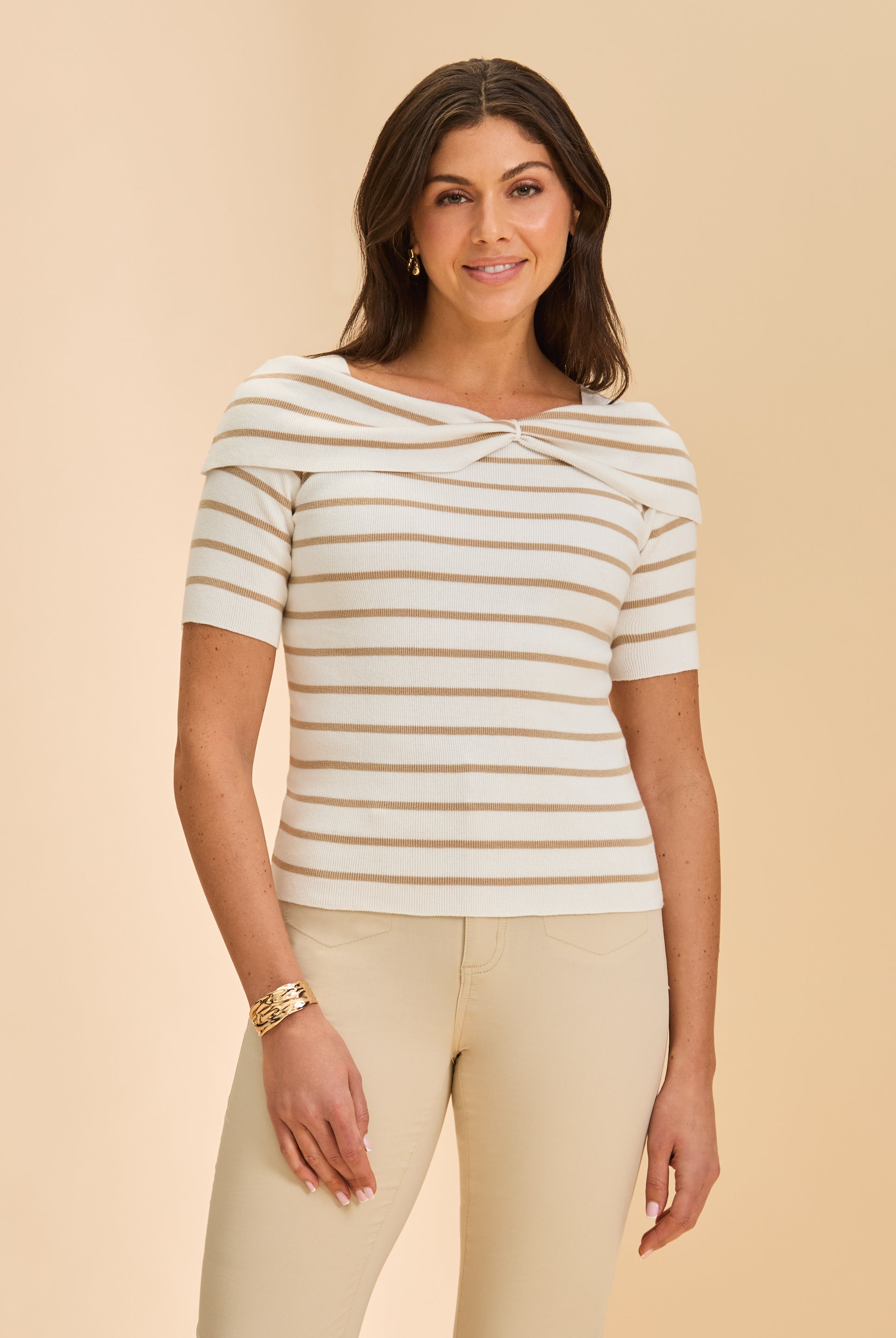 Front view of beige and white boatneck stripe sweater with gold jewelry accent by French Dressing Jeans (FDJ)