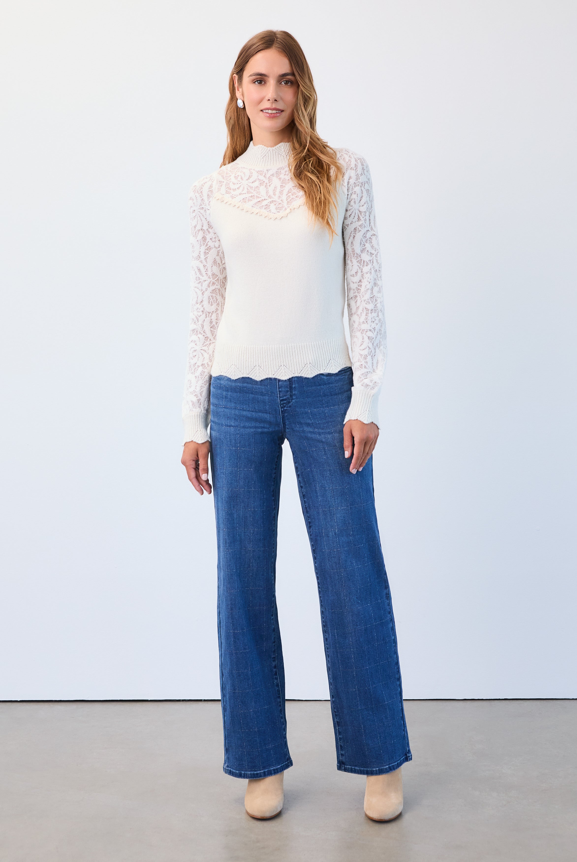 Long sleeve mixed material mock neck sweater