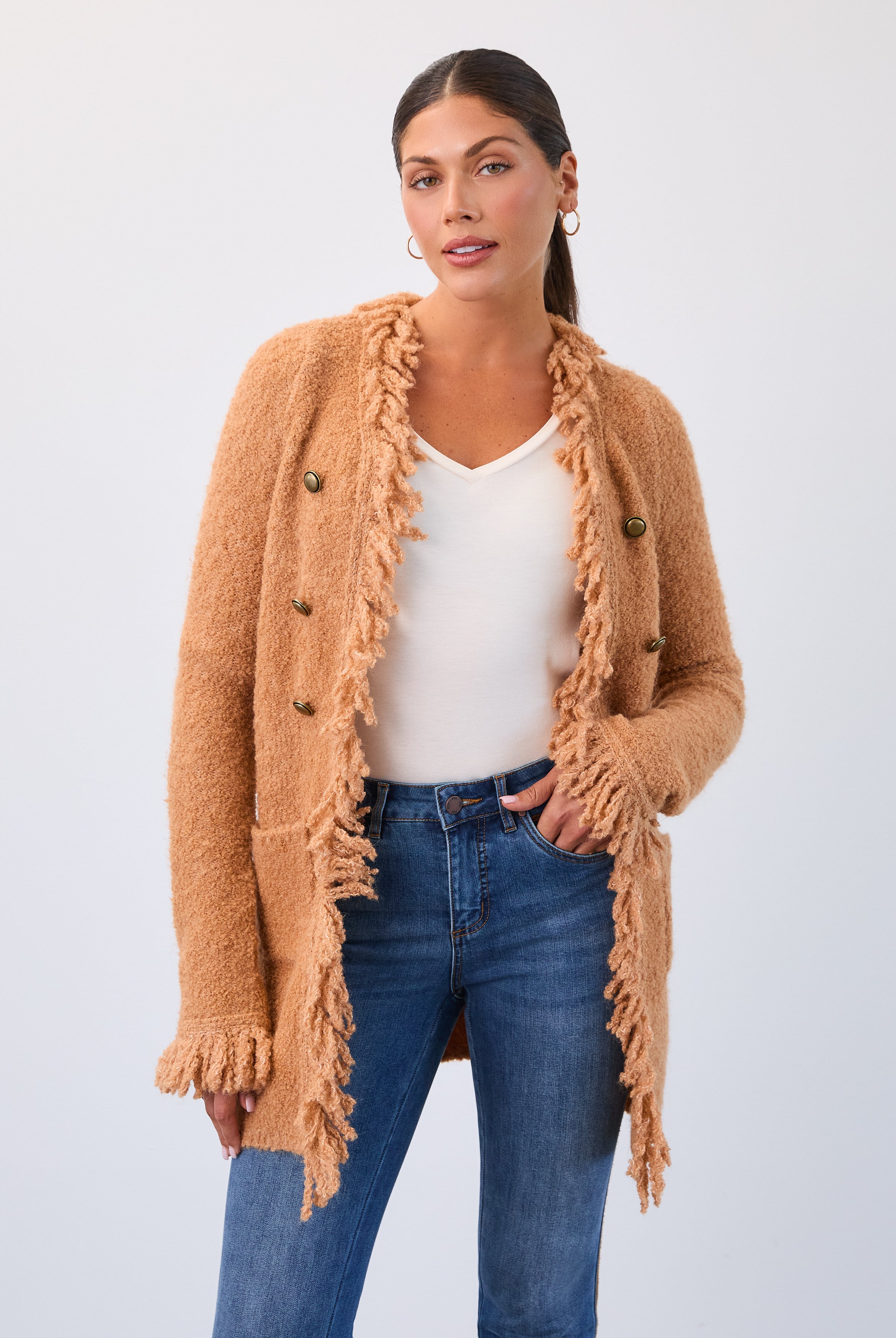 Fringed cardigan coat