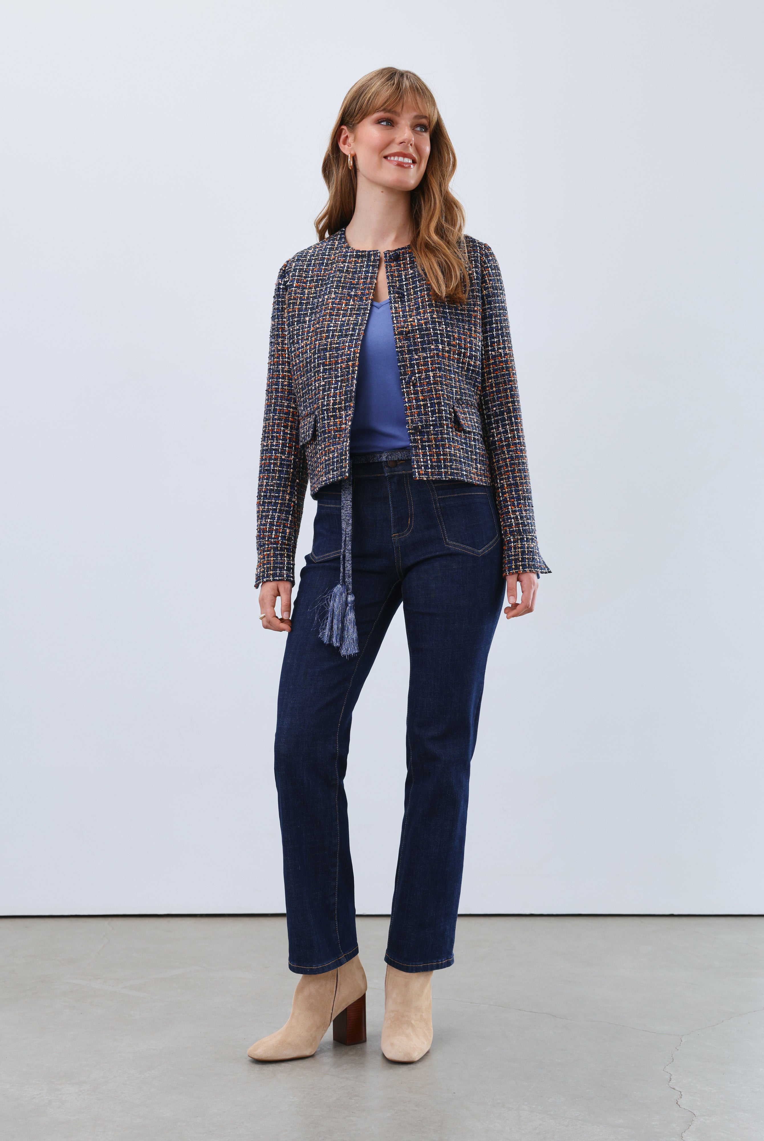 tweed collarless jacket