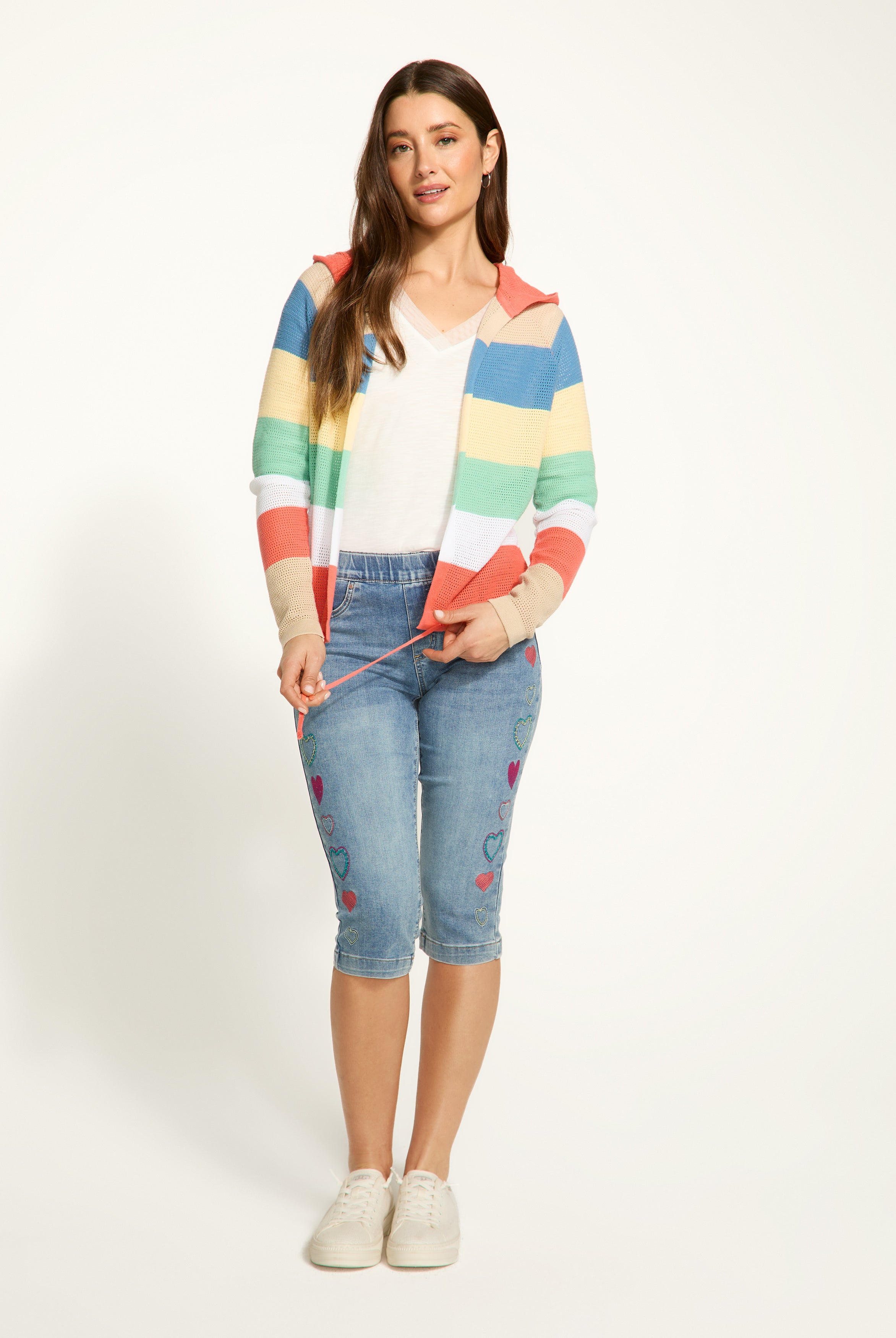 striped pointelle hooded cardigan