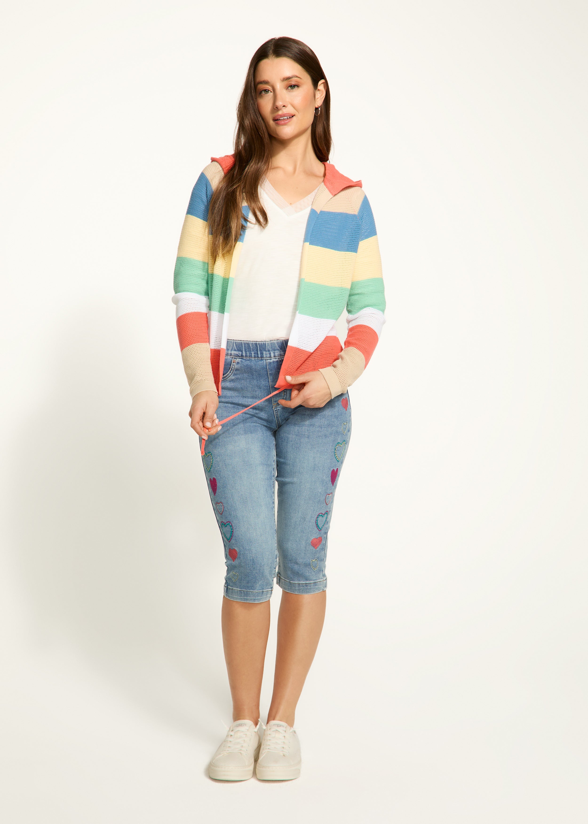 striped pointelle hooded cardigan