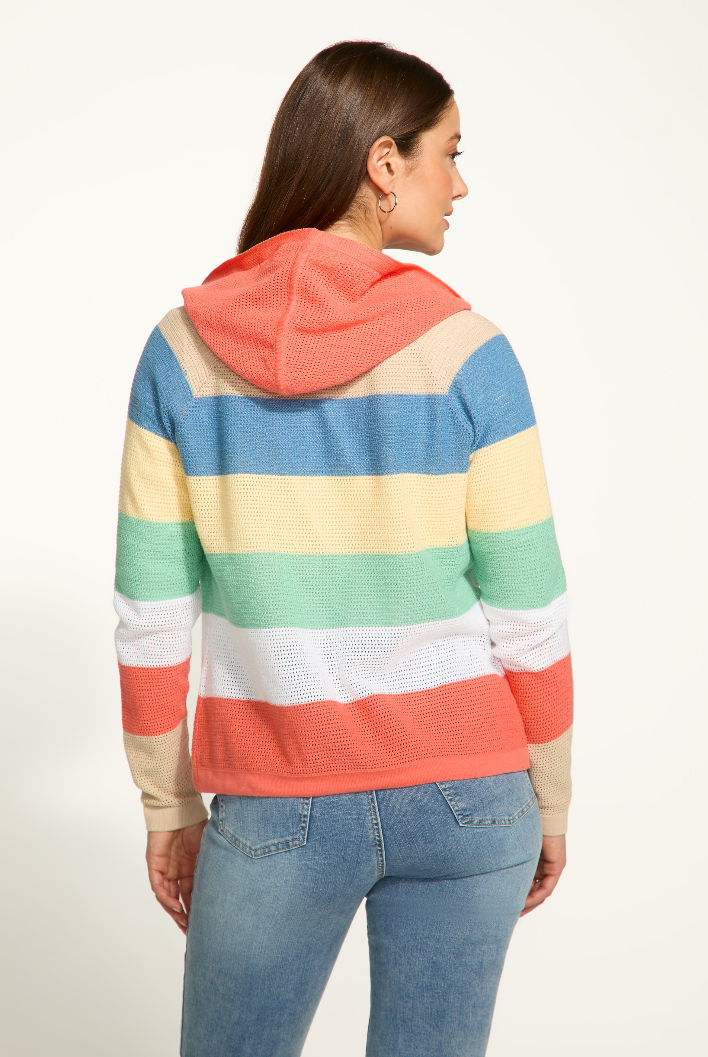 striped pointelle hooded cardigan
