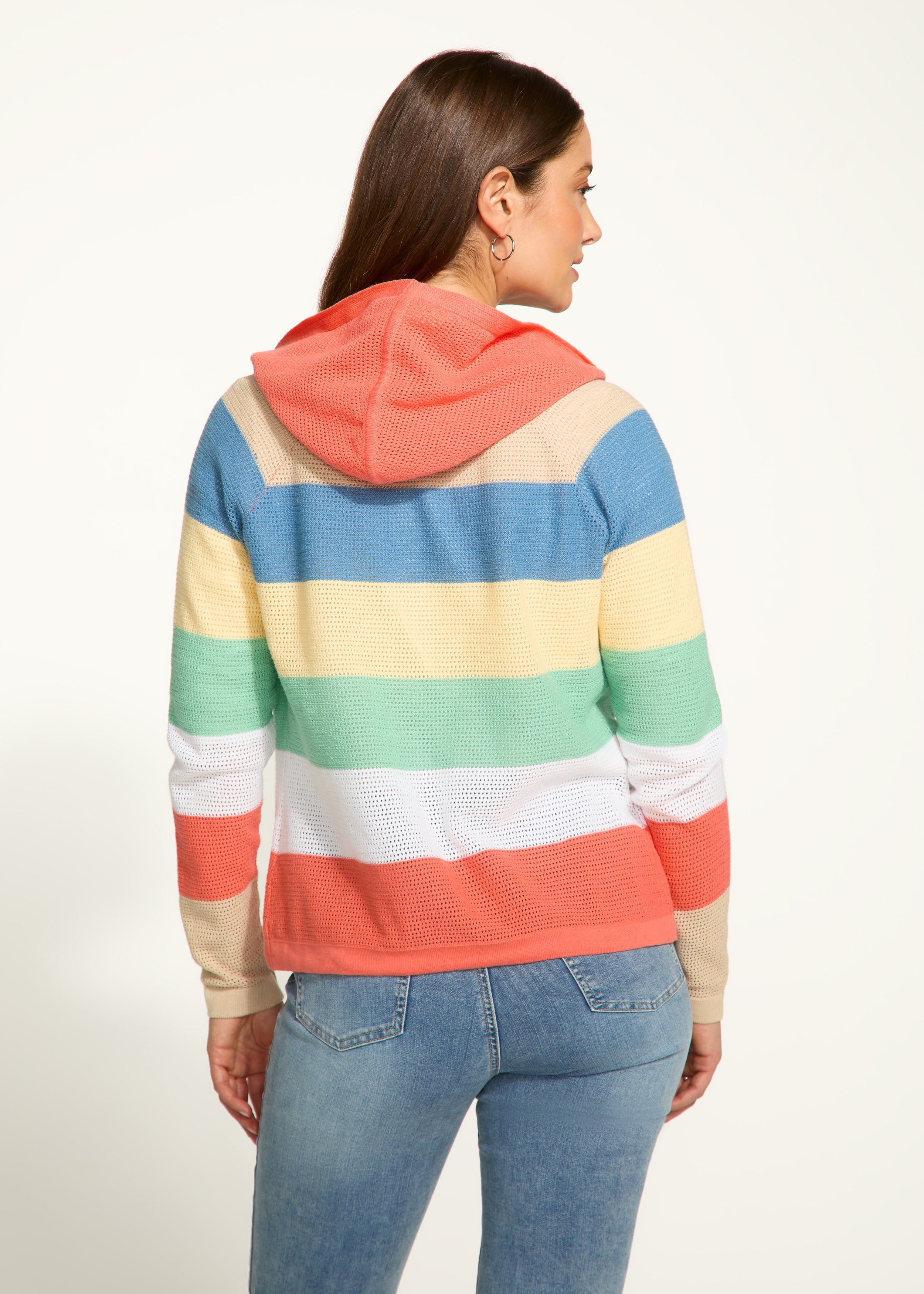 striped pointelle hooded cardigan