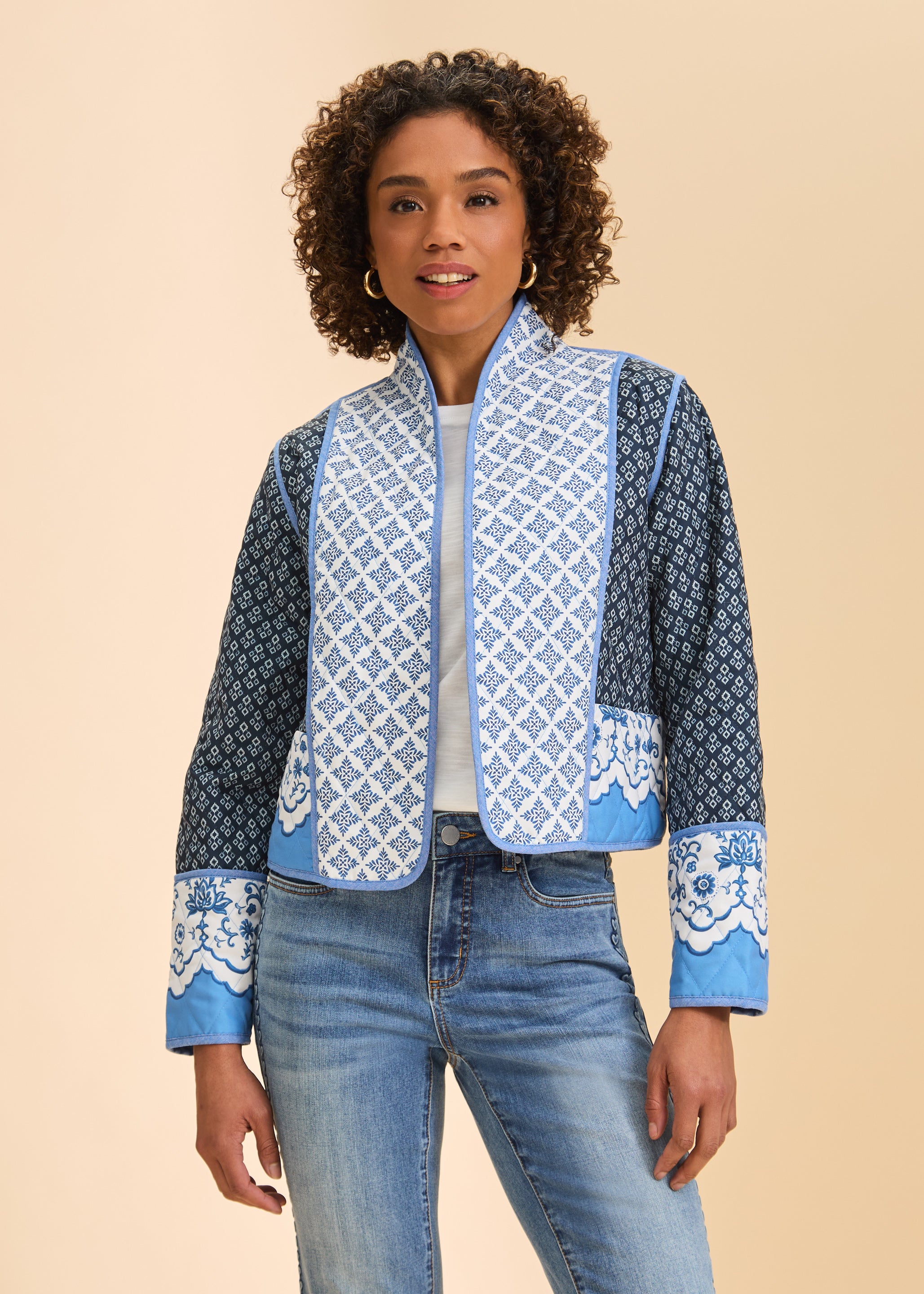 Front view of quilted jacket with contrasting blue patterns and open front by French Dressing Jeans (FDJ)