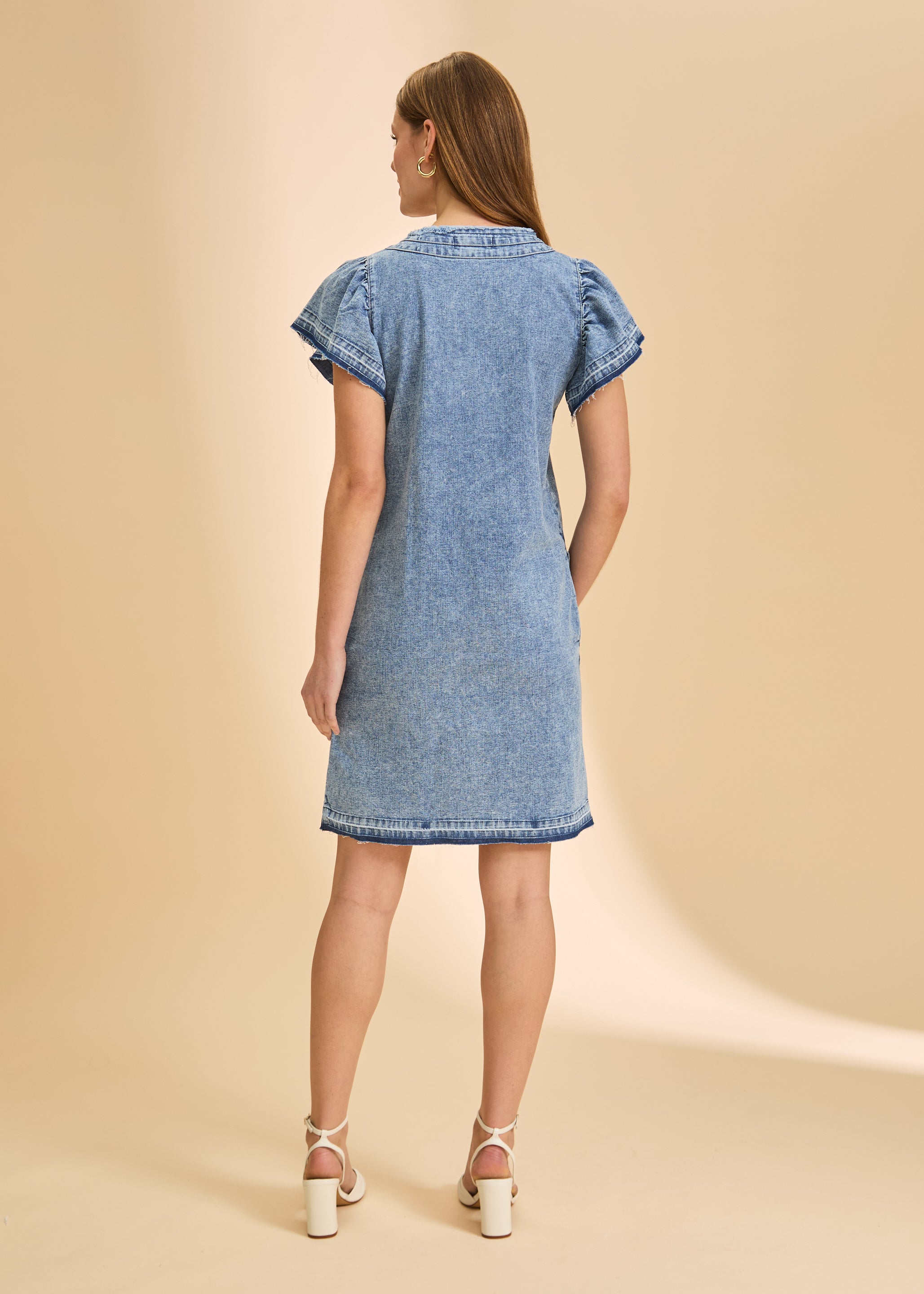 Back view of chambray shift dress showing short sleeves and straight hem in snow wash by French Dressing Jeans (FDJ)