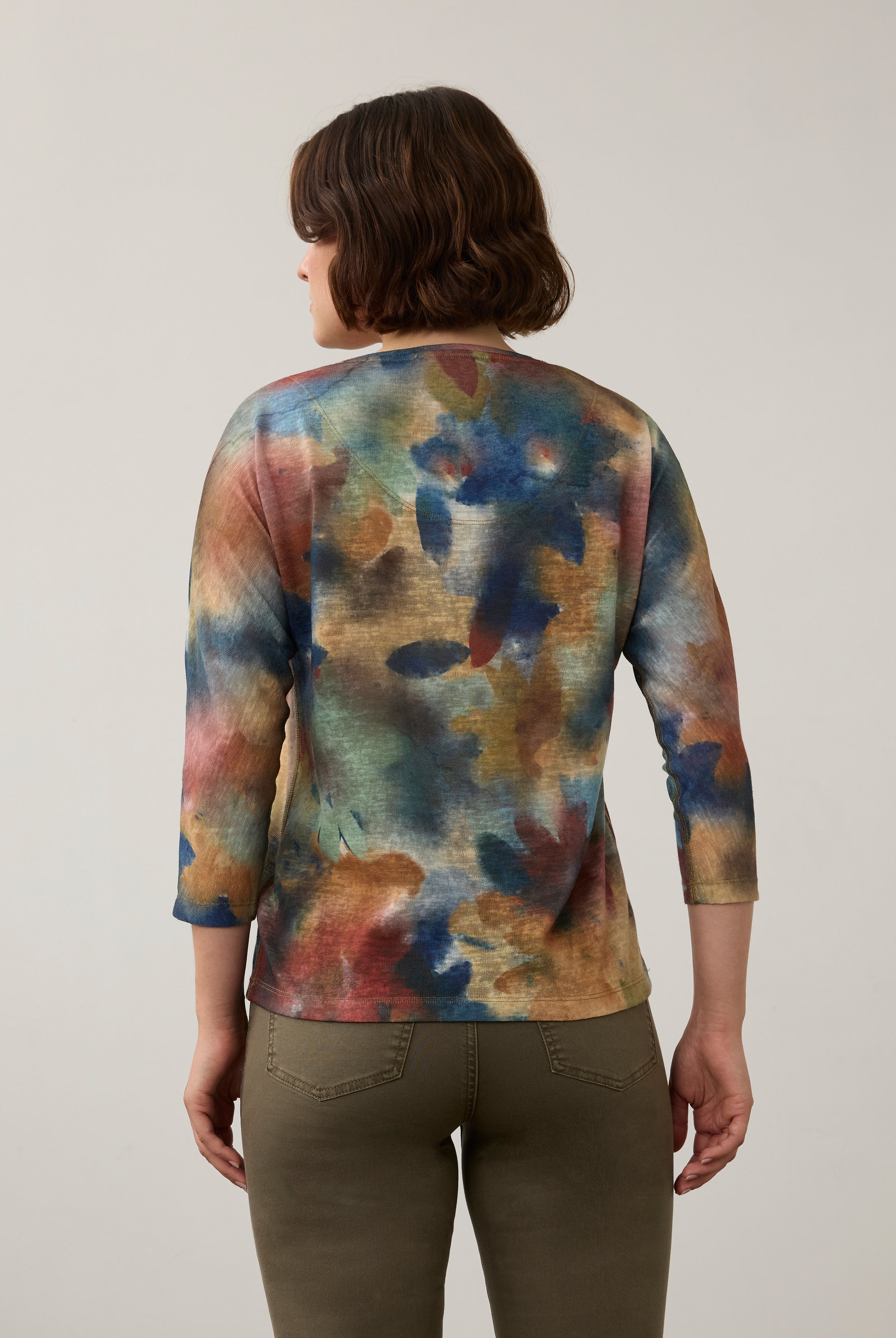 Back view of watercolor Henley top showing unique pattern and 3/4 sleeves by French Dressing Jeans (FDJ)