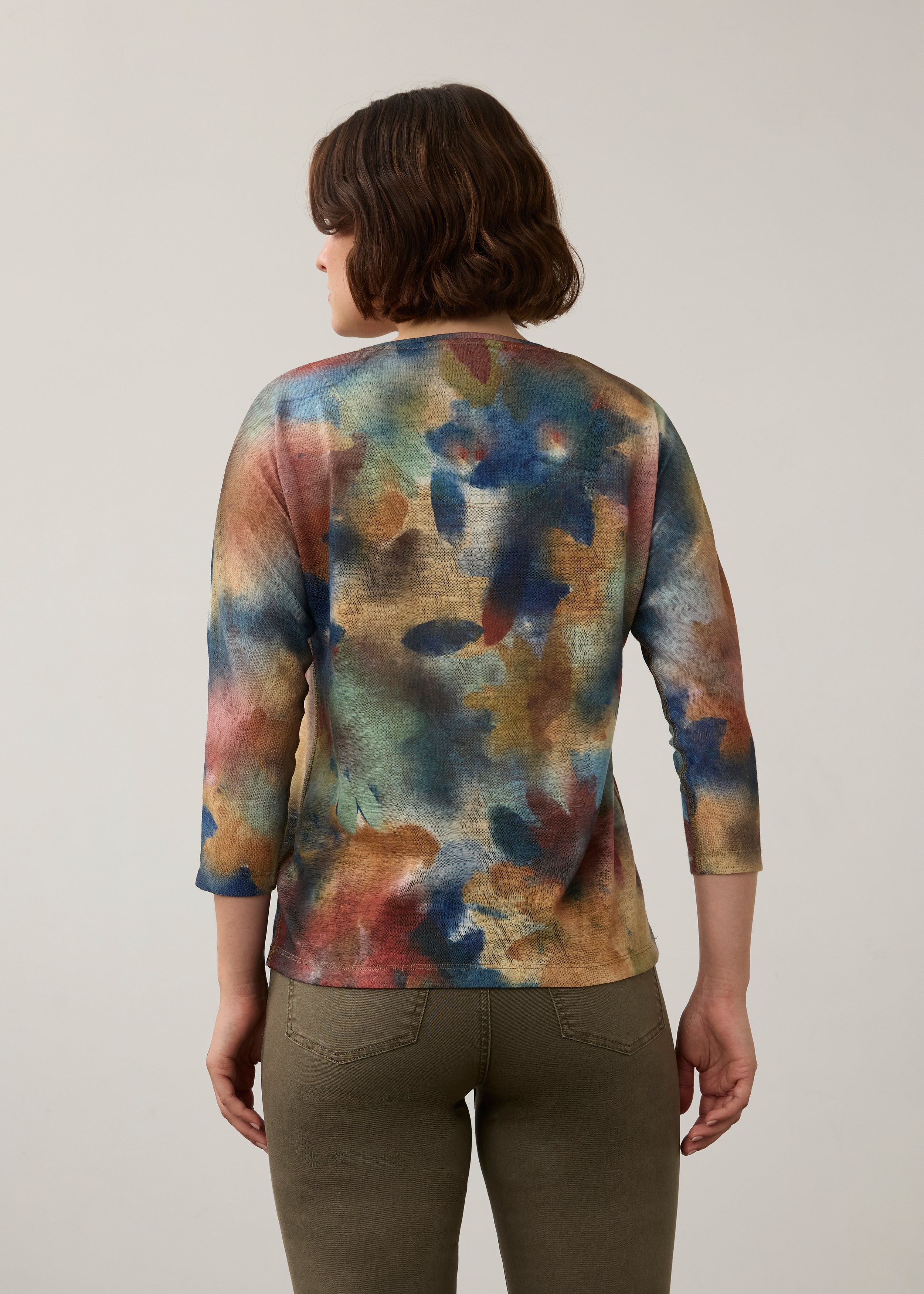 Back view of watercolor Henley top showing unique pattern and 3/4 sleeves by French Dressing Jeans (FDJ)