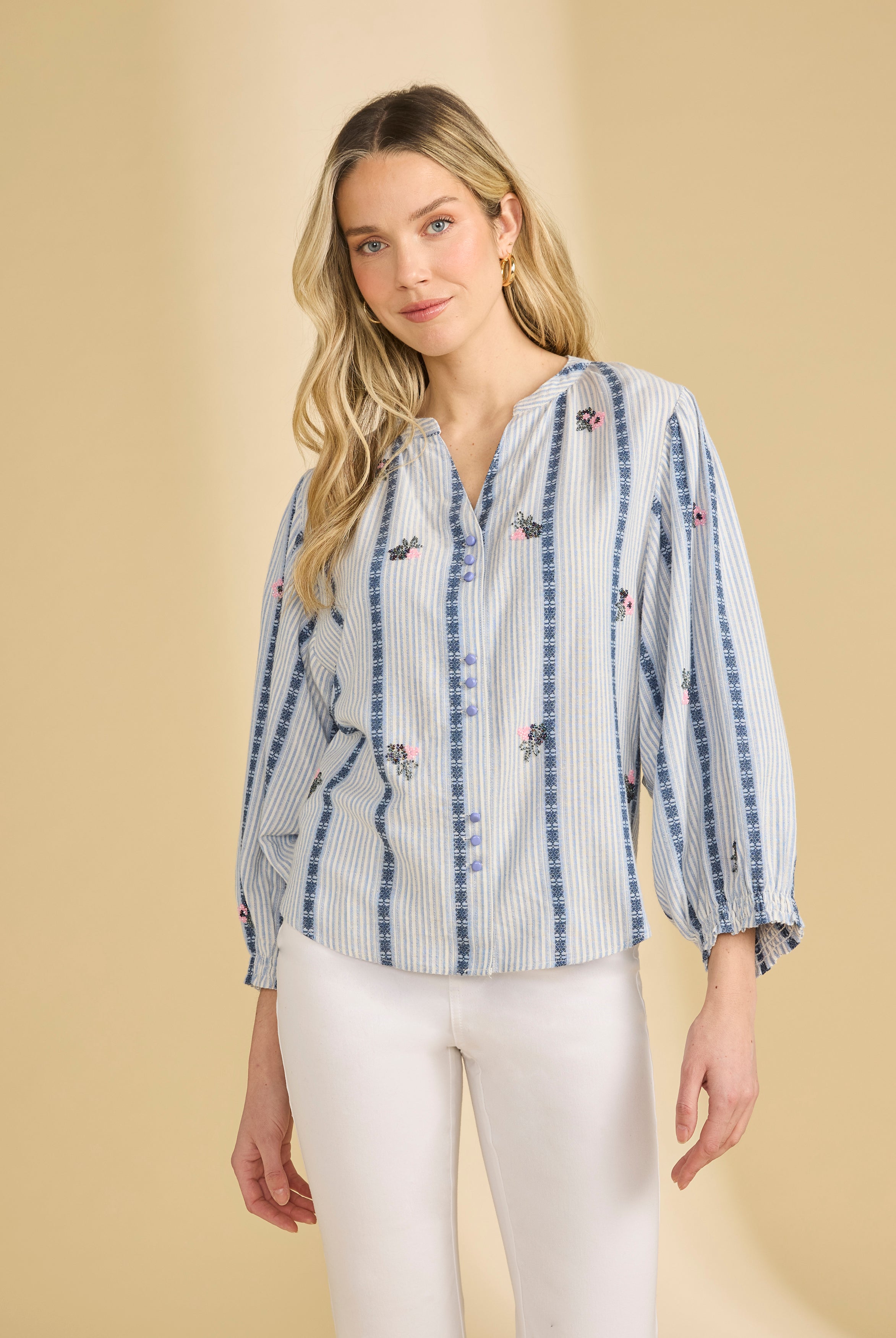 Front view of striped shirt with floral accents and button-up design indoors by French Dressing Jeans (FDJ)