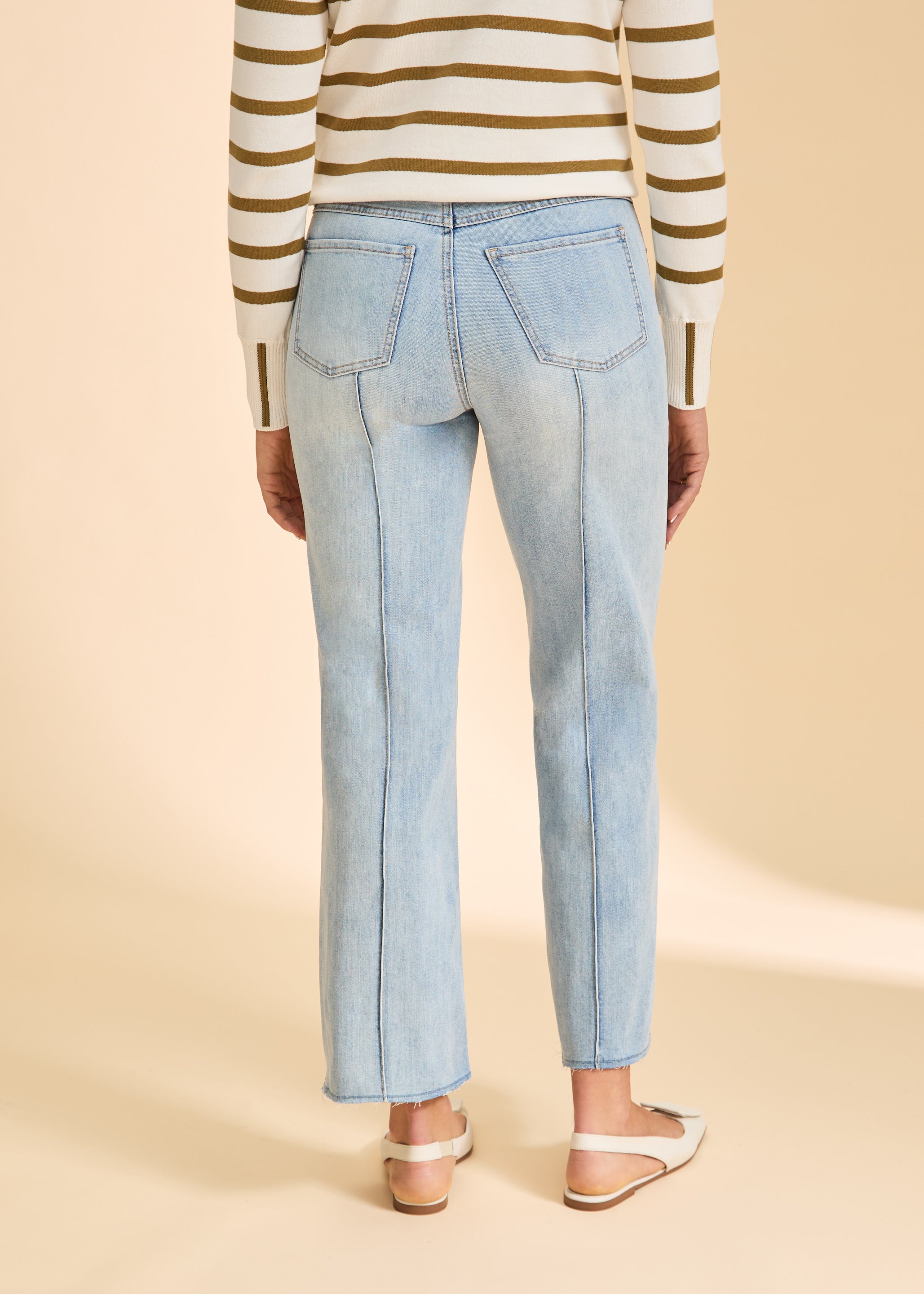 Back view of Olivia wide ankle denim in pale wash featuring patch pockets and clean lines by French Dressing Jeans (FDJ)