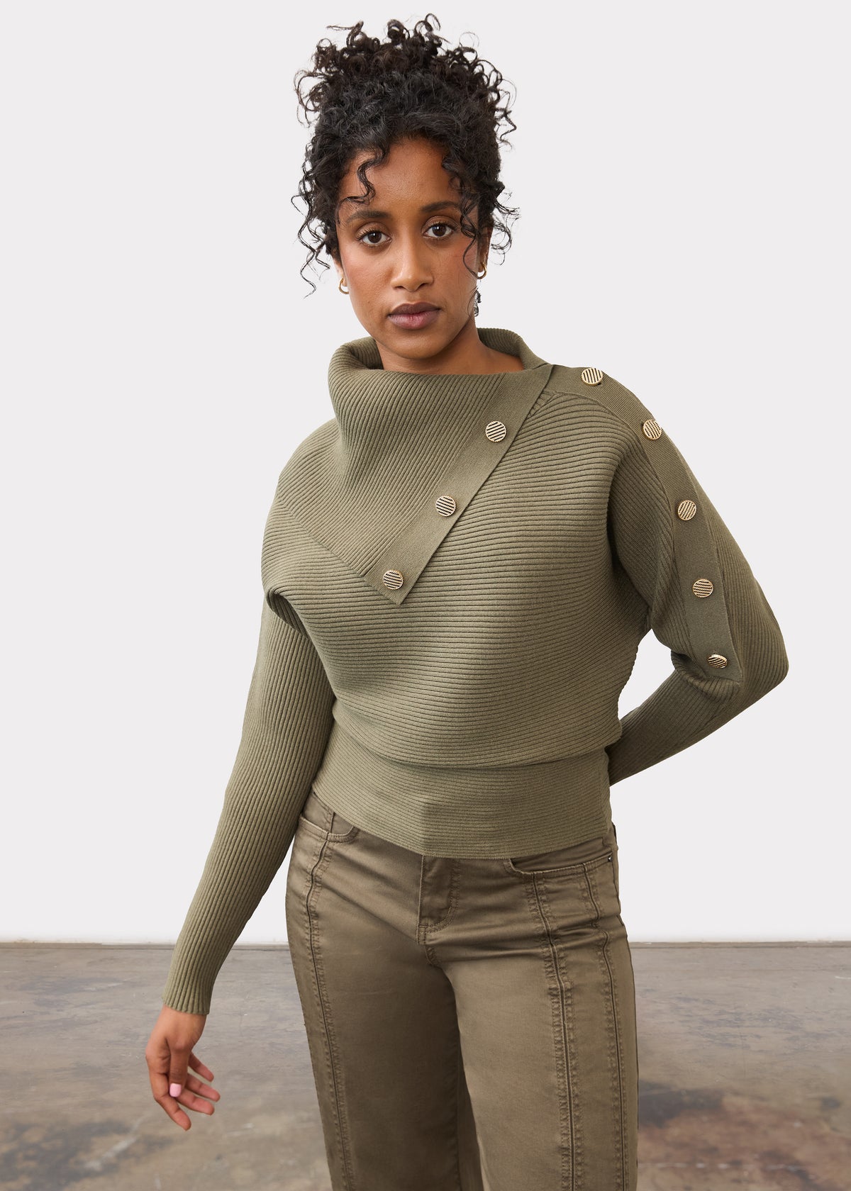 Front view of olive sweater with button accents and ribbed texture by French Dressing Jeans (FDJ)
