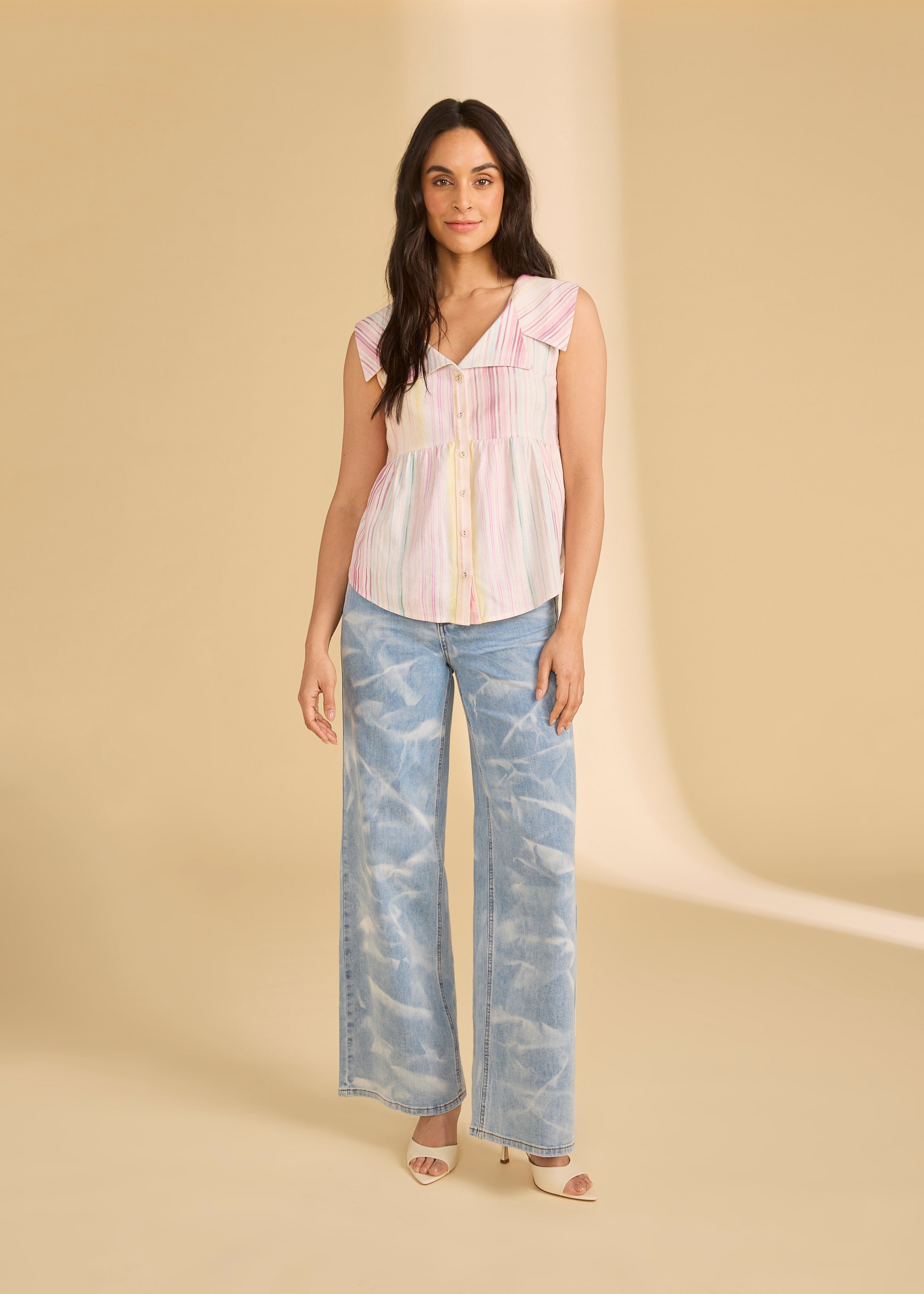 Full view of Spritz Stripes printed shirt paired with wide-leg jeans by French Dressing Jeans (FDJ)