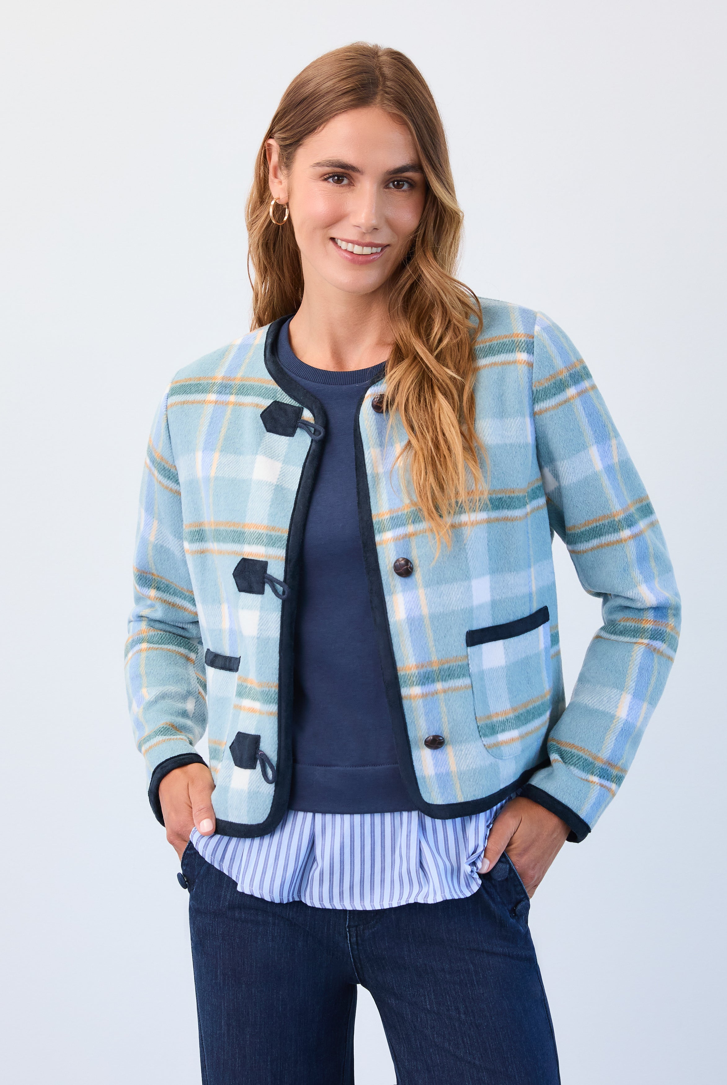 plaid collarless jacket