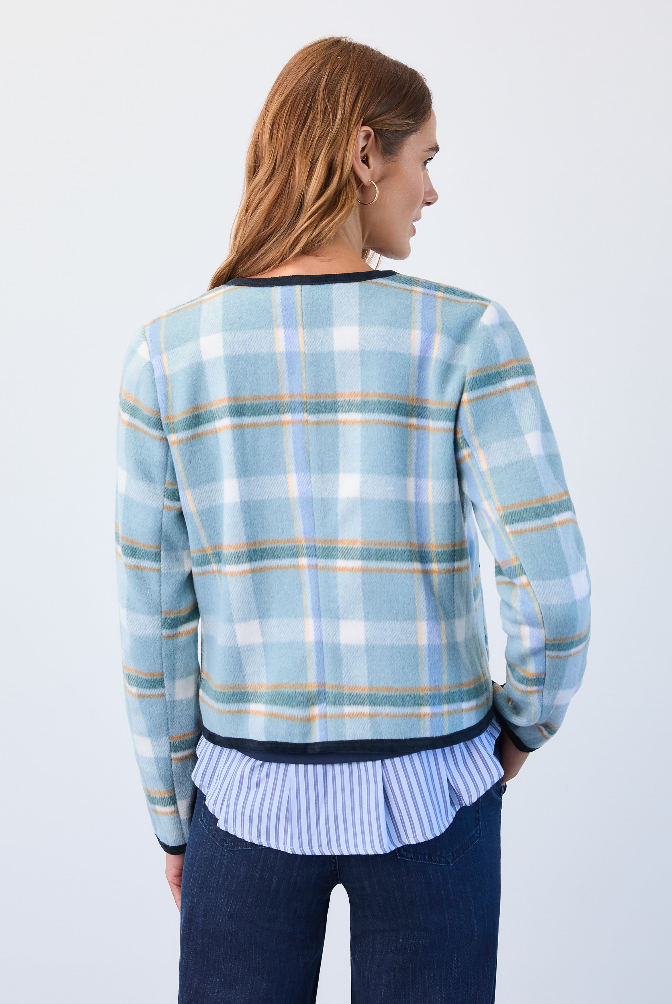 plaid collarless jacket
