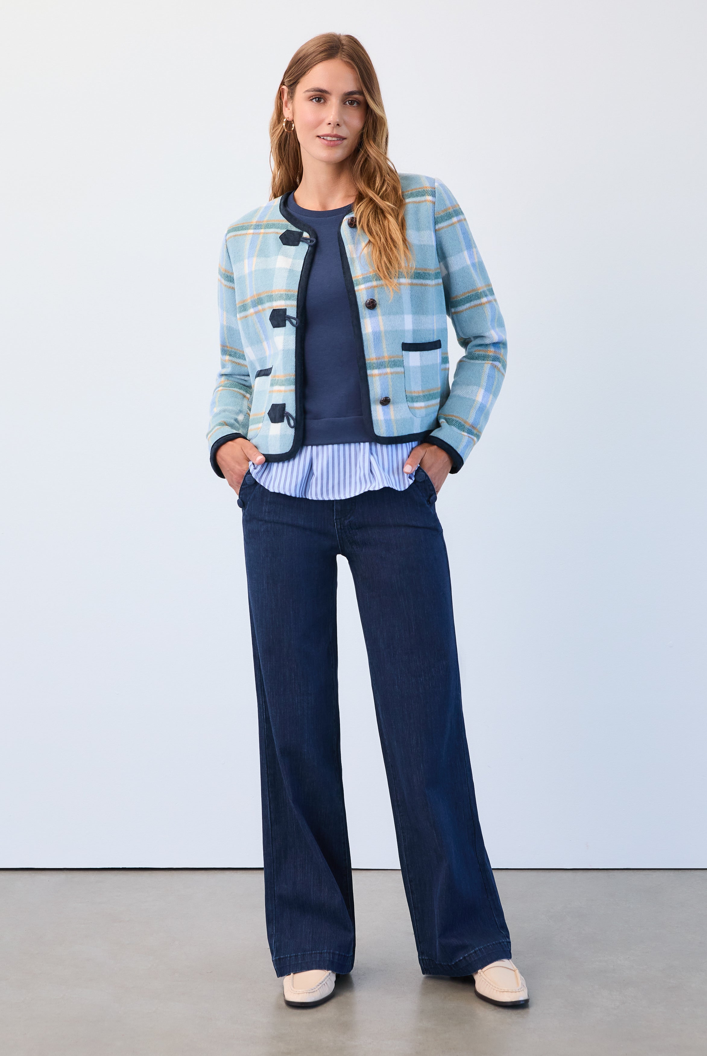 plaid collarless jacket