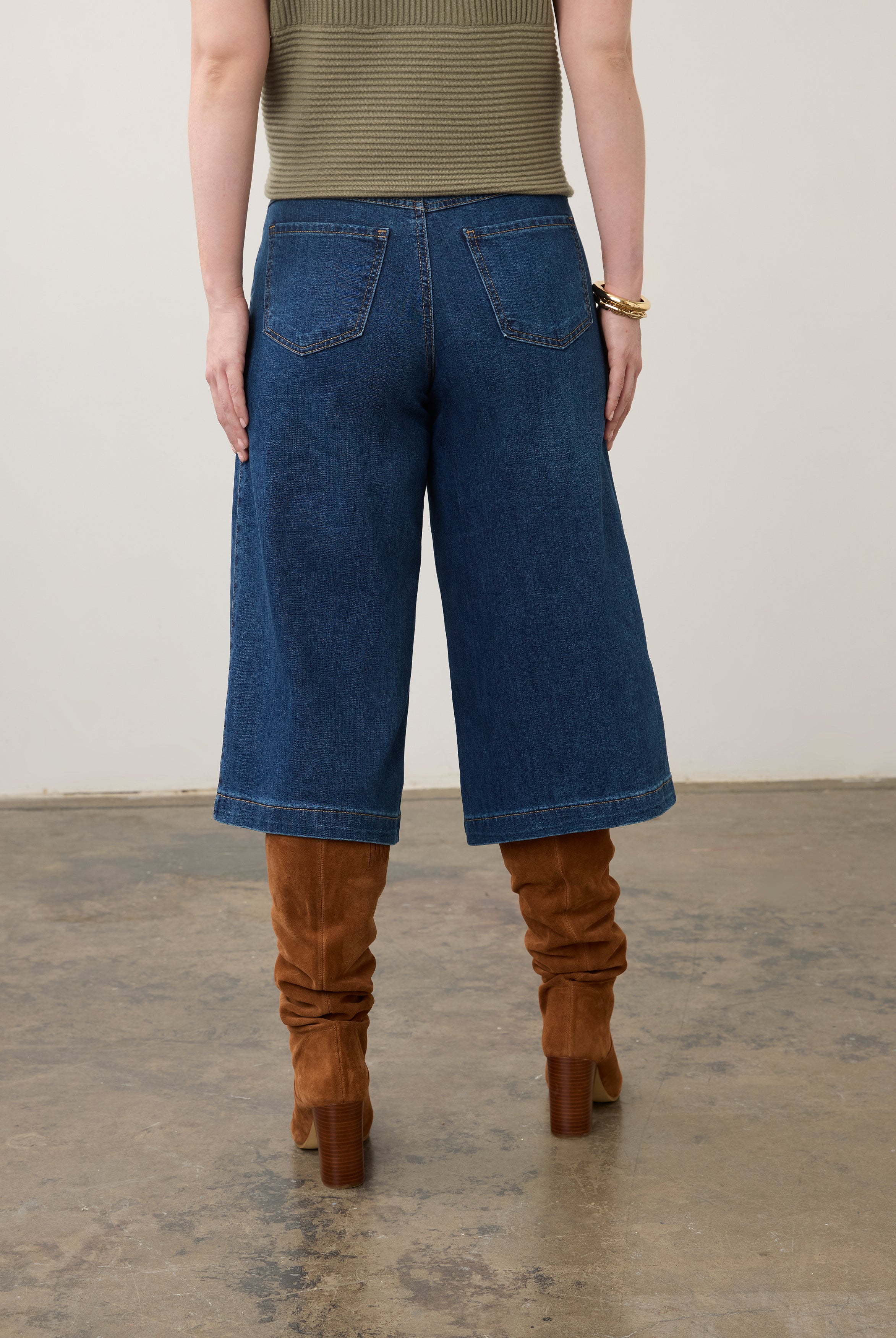 Back view of dark wash gaucho denim featuring back patch pockets and wide leg style by French Dressing Jeans (FDJ) par French Dressing Jeans (FDJ)