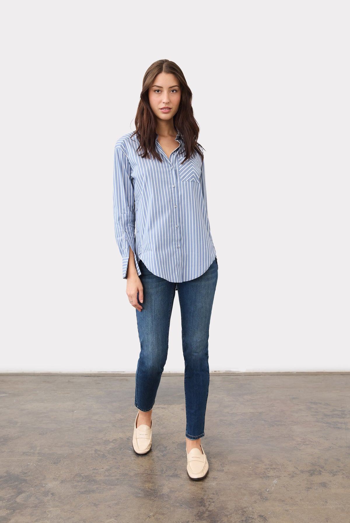 Full front view of Olivia slim ankle denim in dark wash with mid-rise waist and clean hem by French Dressing Jeans (FDJ)