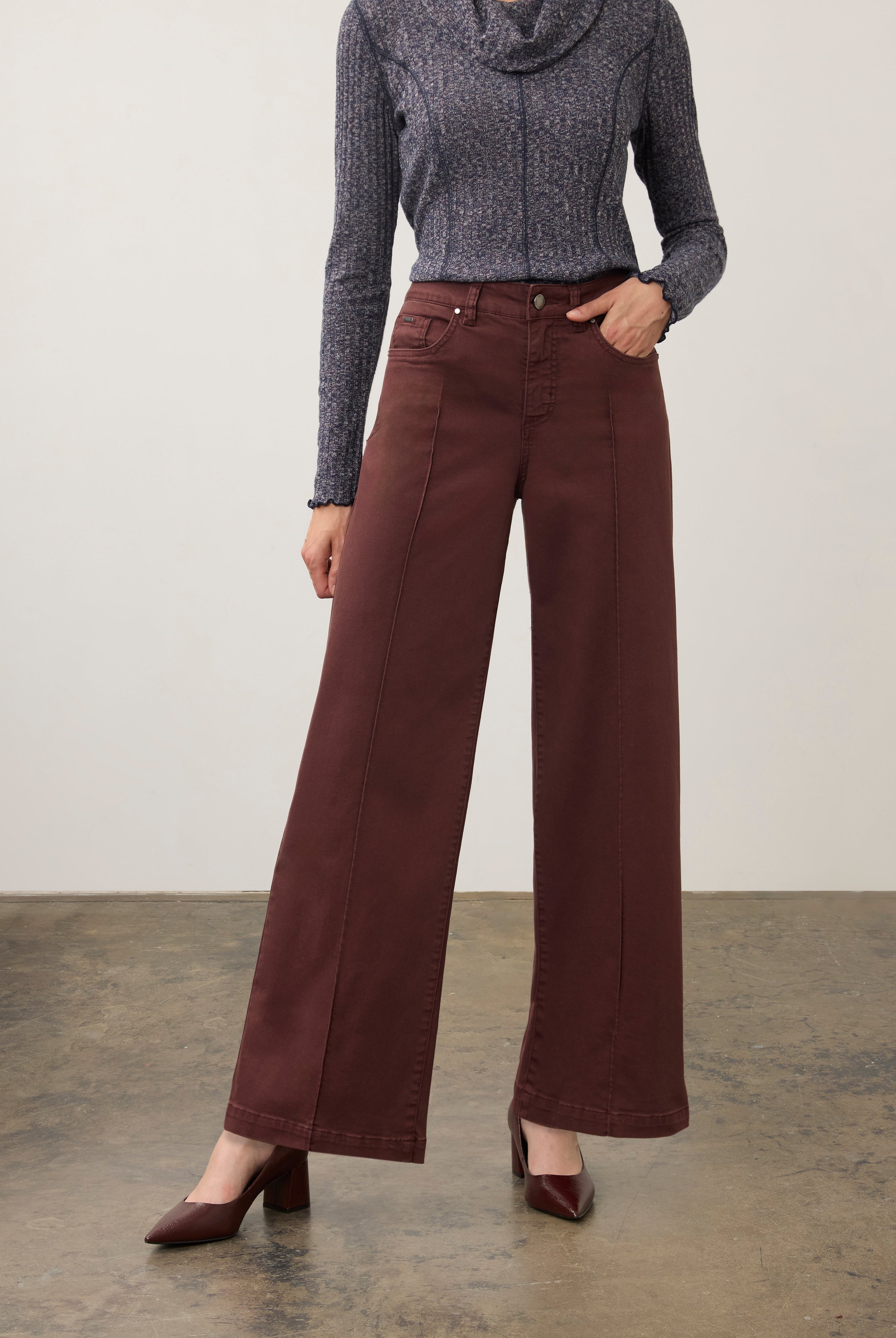 Front view of burgundy wide-leg denim with mid-rise fit by French Dressing Jeans (FDJ) par French Dressing Jeans (FDJ)