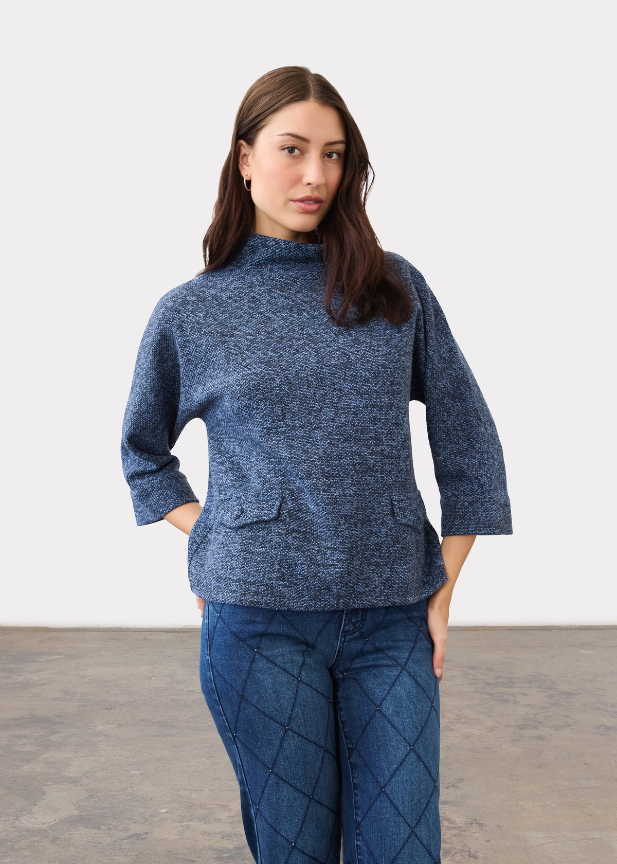 Front view of textured indigo top with pocket details and relaxed fit by French Dressing Jeans (FDJ)