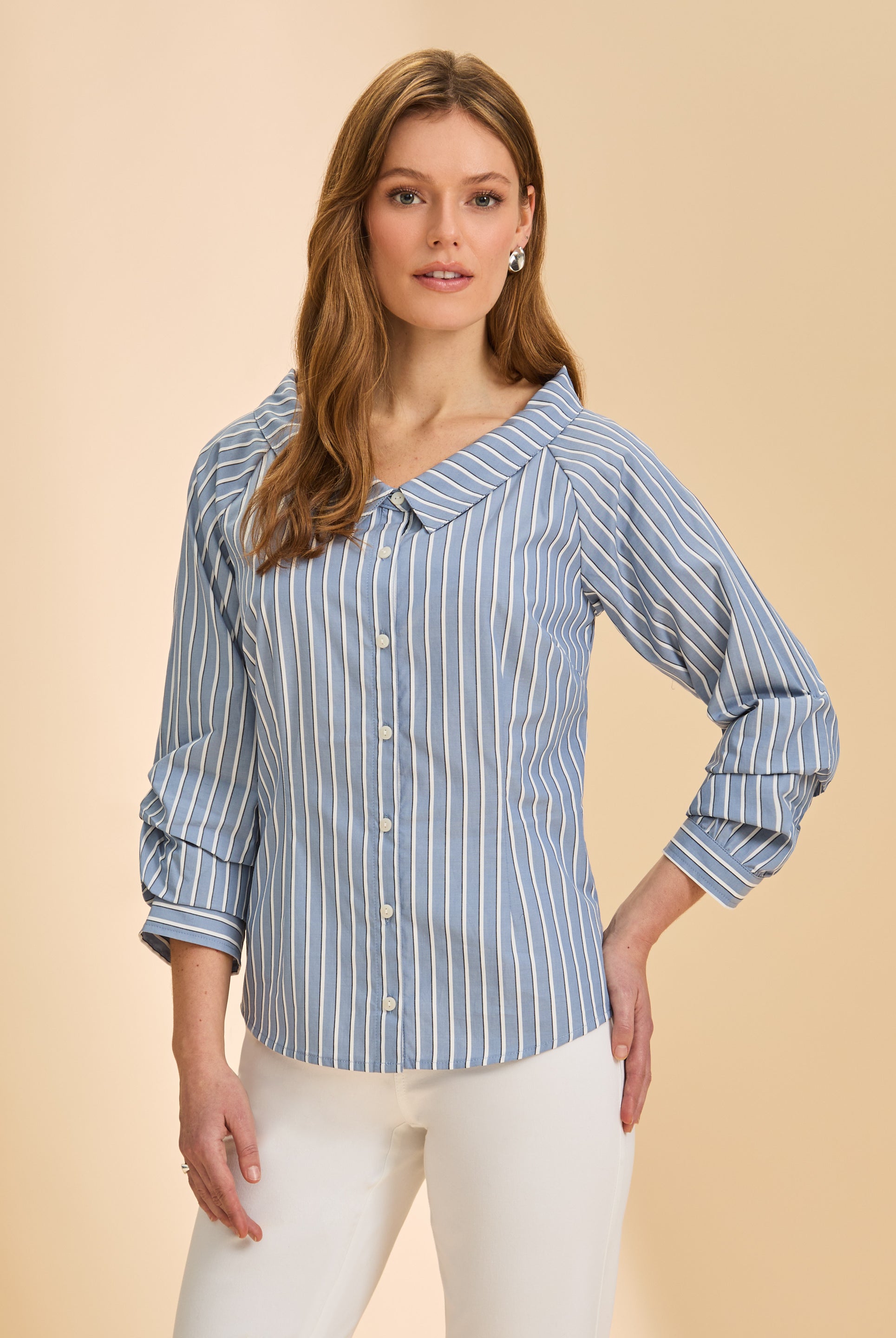 Front view of blue striped shirt with unique collar and button detail by French Dressing Jeans (FDJ)