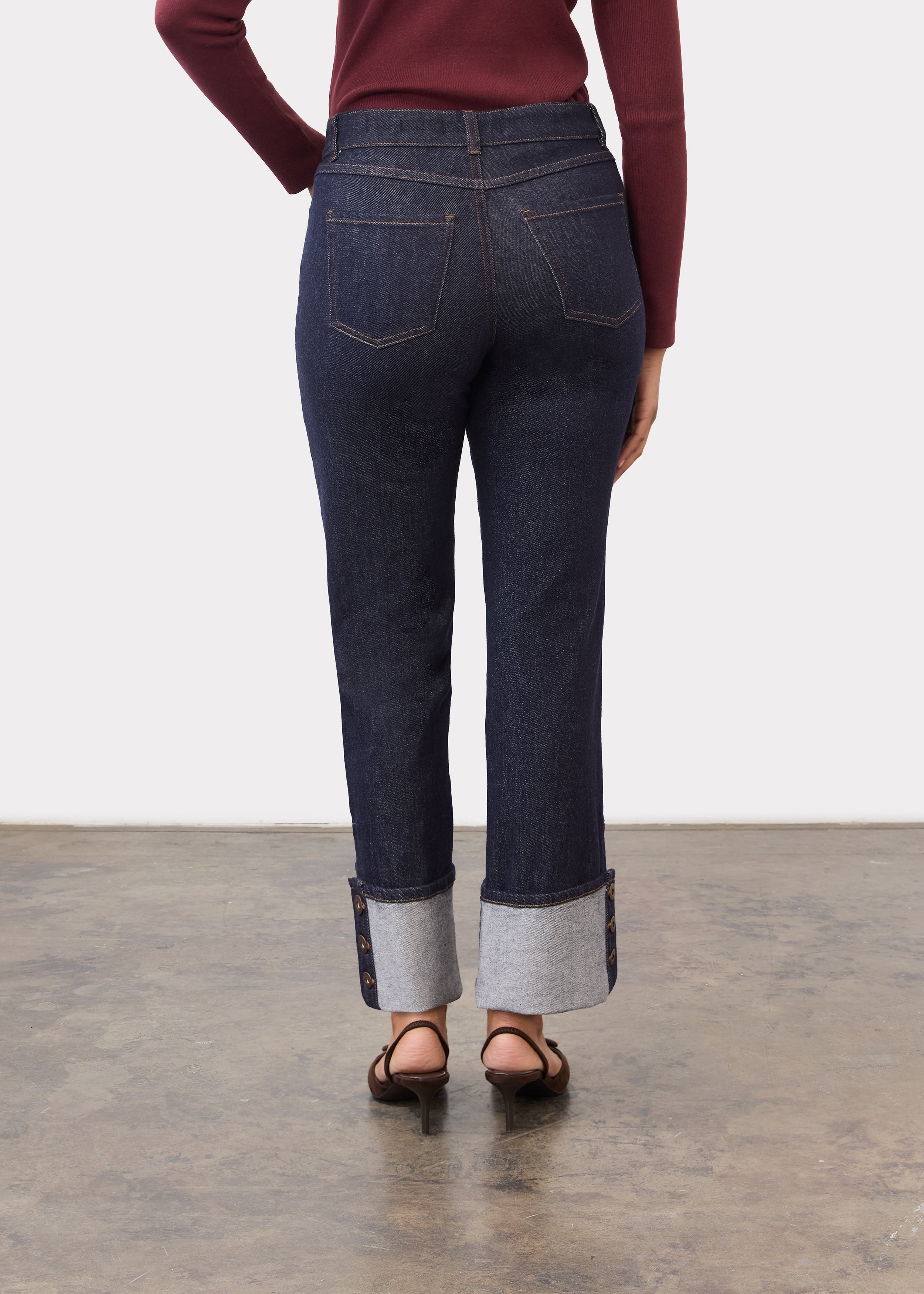 Full view of model in Suzanne pant in blueberry, showcasing straight silhouette by French Dressing Jeans (FDJ)