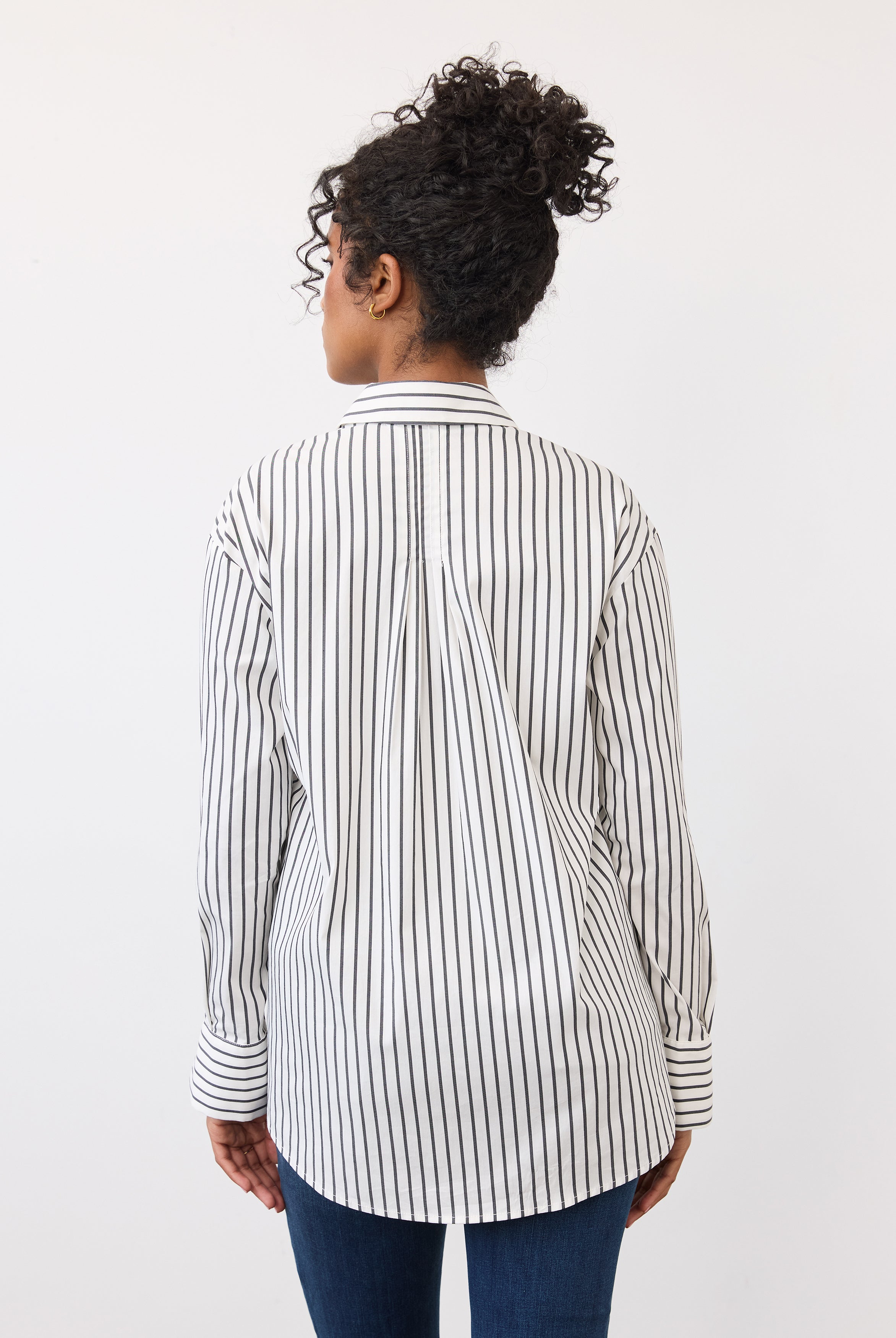 Back view of black striped shirt showing vertical stripe design by French Dressing Jeans (FDJ)