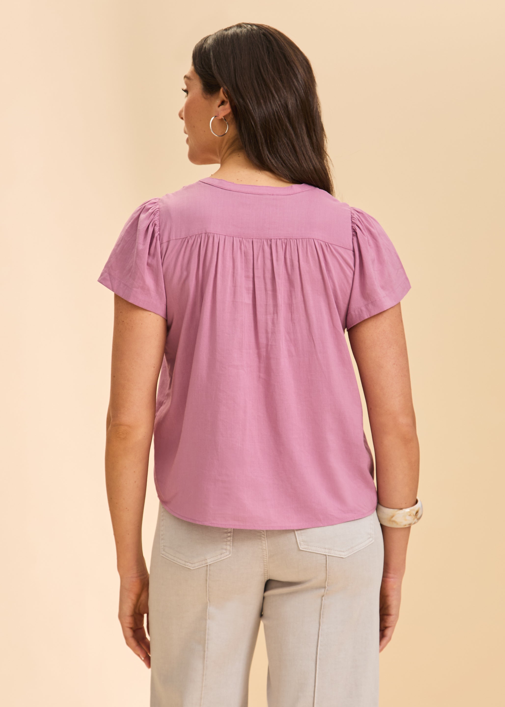Back view of lavender short-sleeve top highlighting gathered yoke by French Dressing Jeans (FDJ)