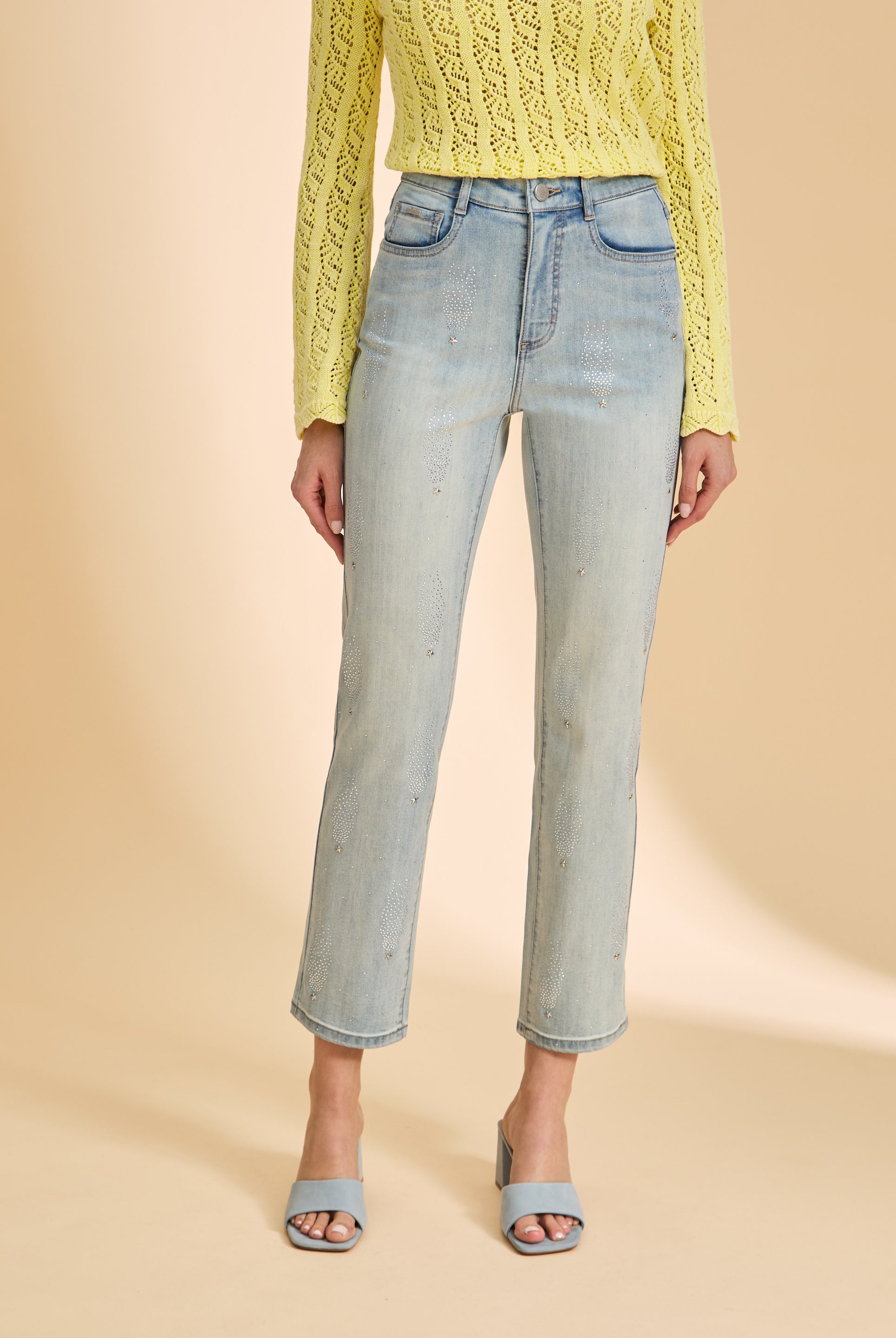 Detail of embellished light wash denim showing front pockets by French Dressing Jeans (FDJ)