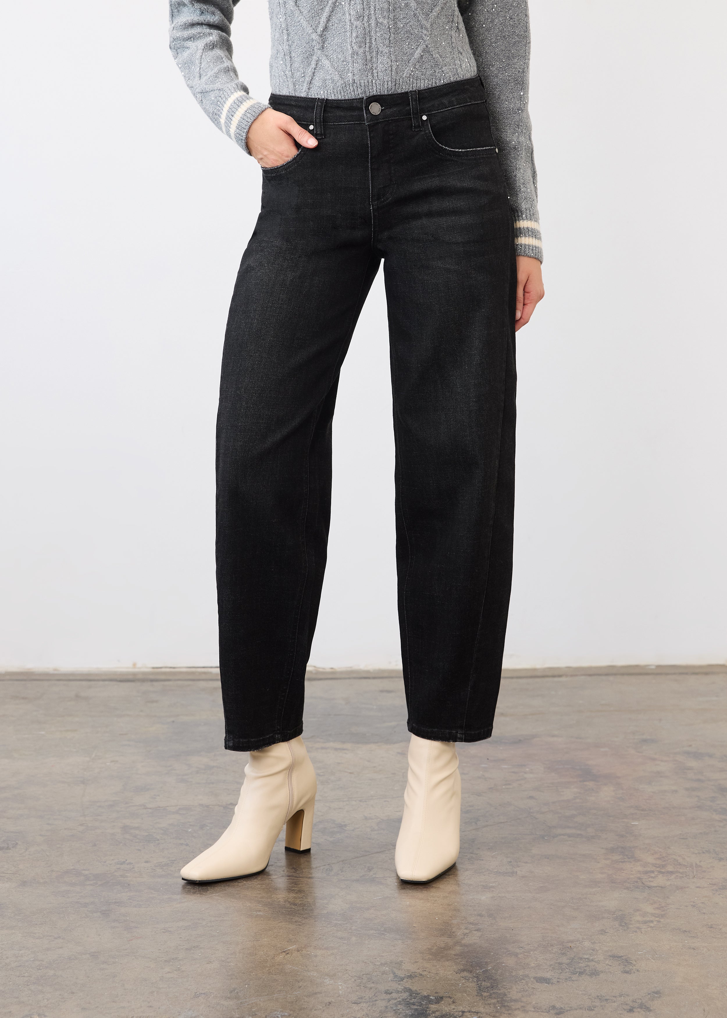 Front view of black denim highlighting front pockets and mid-rise fit by French Dressing Jeans (FDJ)