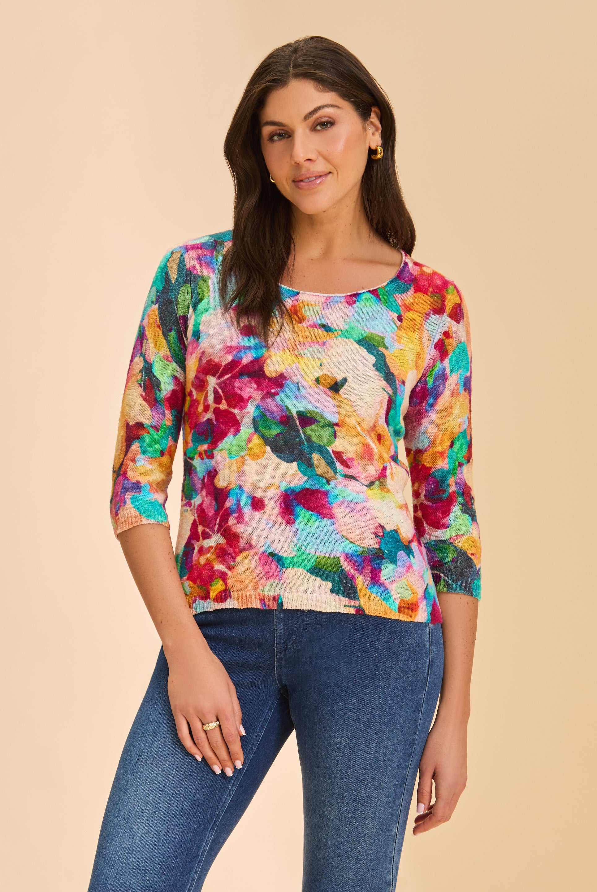 Front view of vibrant multicolor floral sweater with 3/4 sleeves by French Dressing Jeans (FDJ)